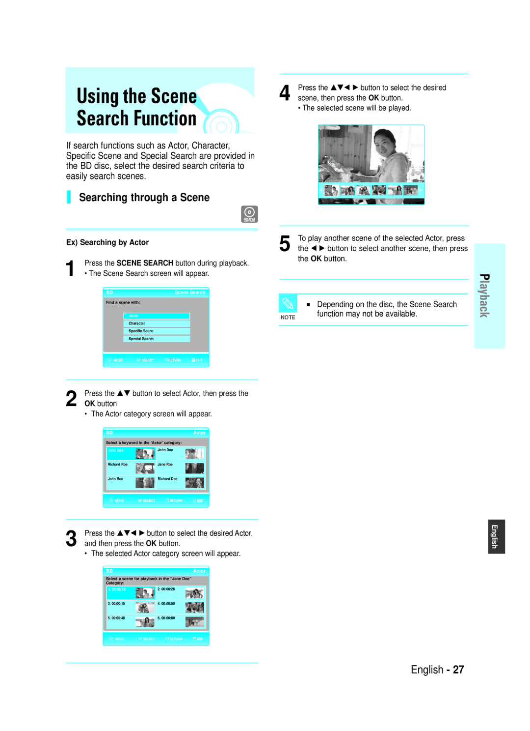 Samsung BD-P1000/XEH, BD-P1000/XEG manual Searching through a Scene, Ex Searching by Actor, Scene Search screen will appear 