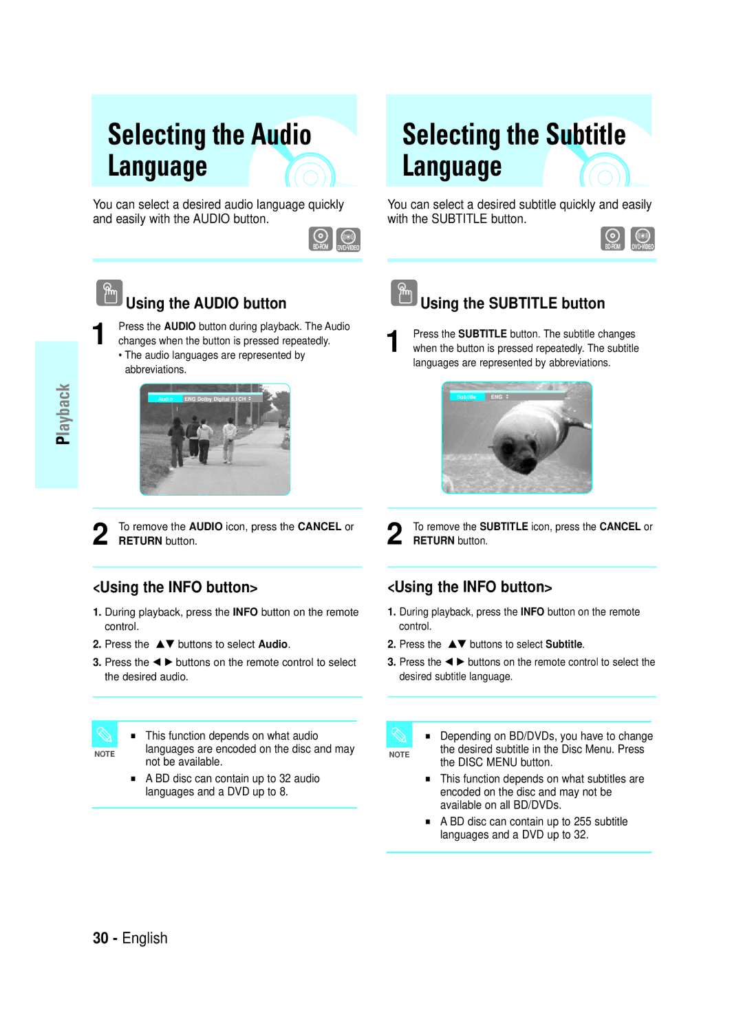 Samsung BD-P1000/XET manual Selecting the Subtitle Language, Using the Audio button, Using the Info button, Return button 