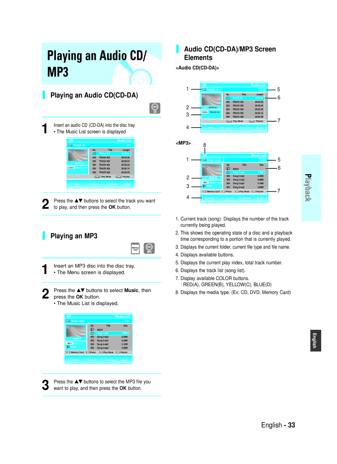 Samsung BD-P1000/XEH, BD-P1000/XEG manual Playing an Audio CDCD-DA, Audio CDCD-DA/MP3 Screen Elements, Playing an MP3 