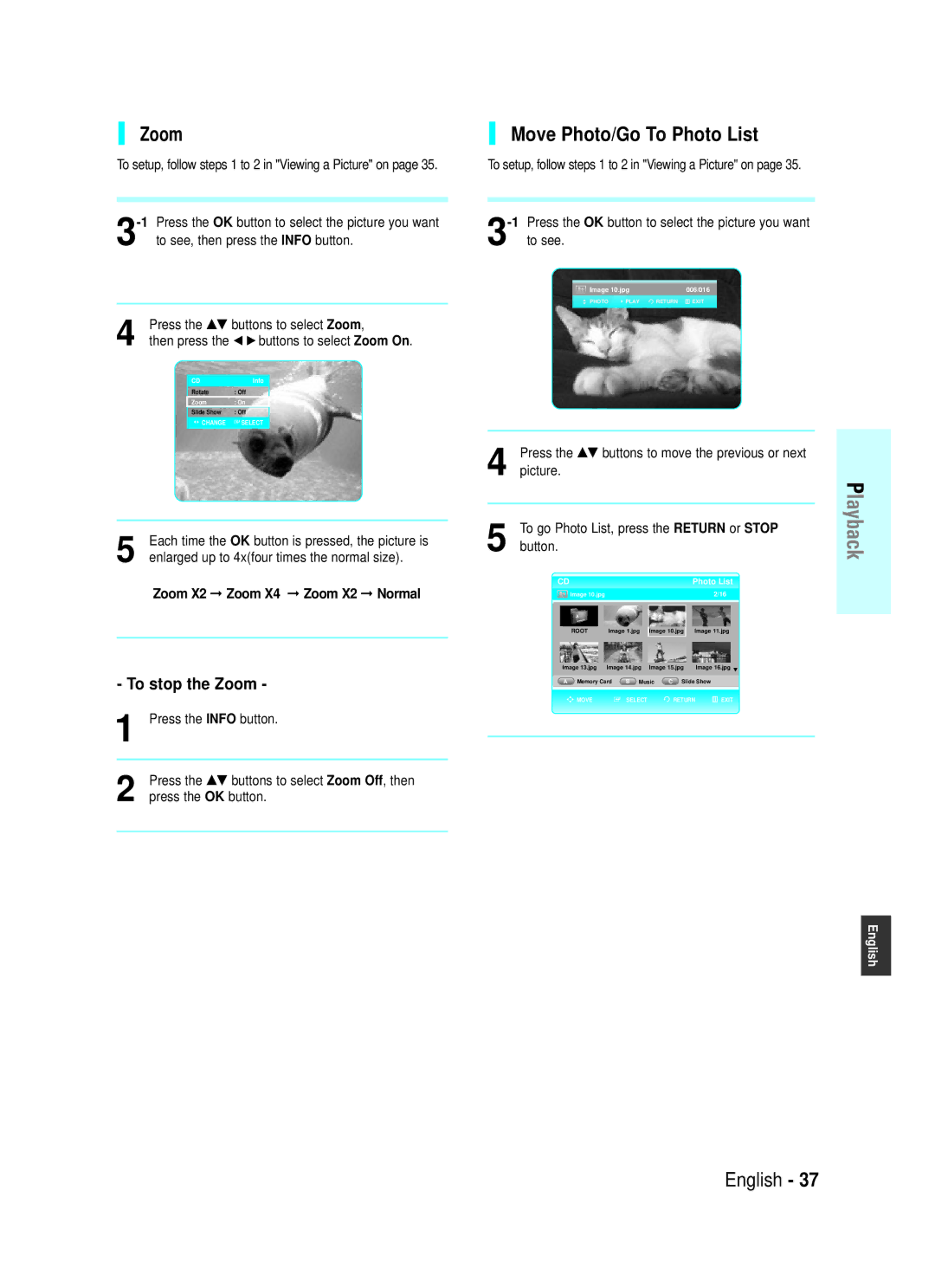 Samsung BD-P1000/XEN, BD-P1000/XEG, BD-P1000/XET manual Move Photo/Go To Photo List, Zoom X2 Zoom X4 Zoom X2 Normal 