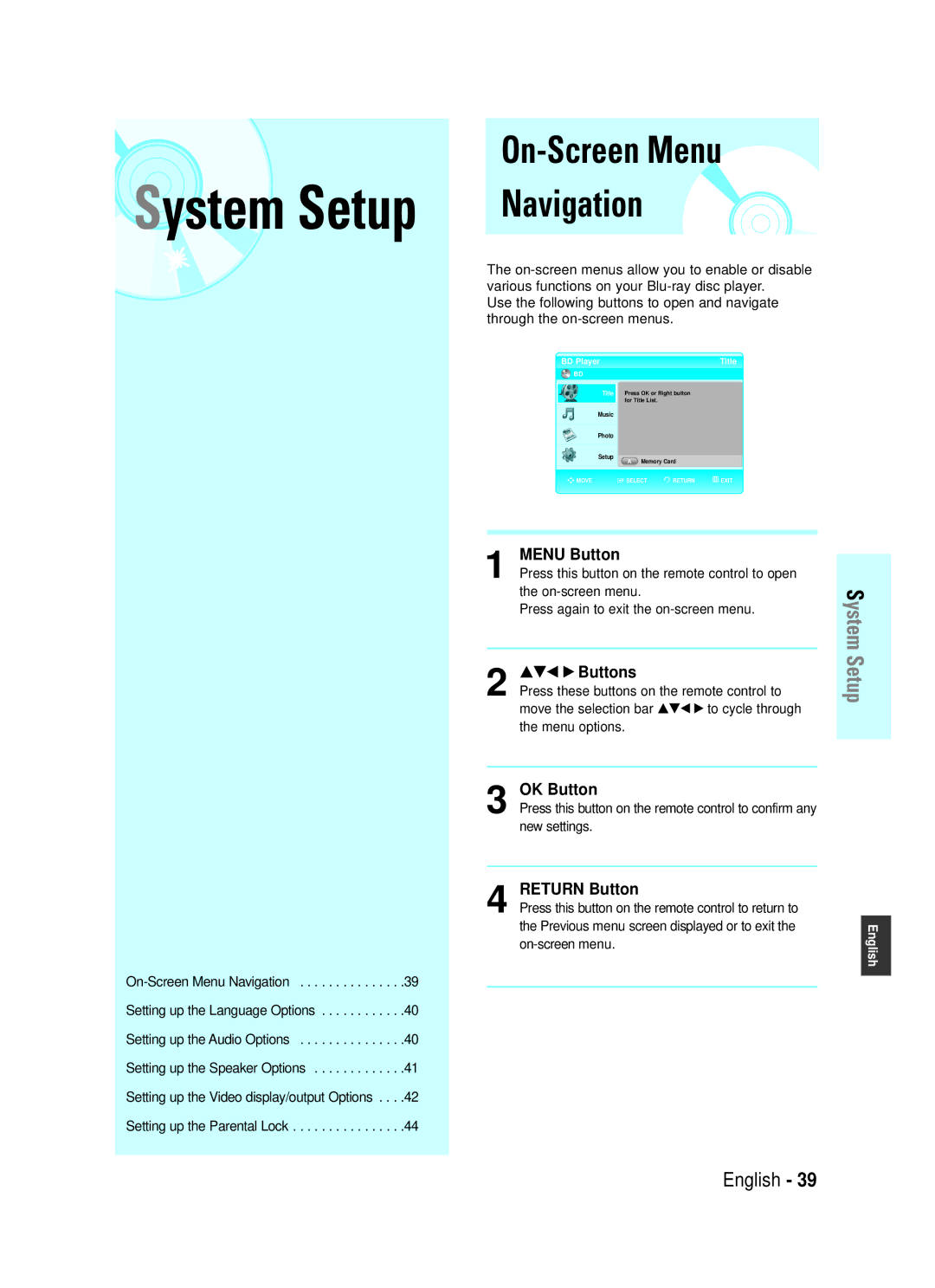 Samsung BD-P1000/XEH, BD-P1000/XEG, BD-P1000/XET, BD-P1000/XEN, BD-P1000/XEL manual System Setup, On-Screen Menu Navigation 