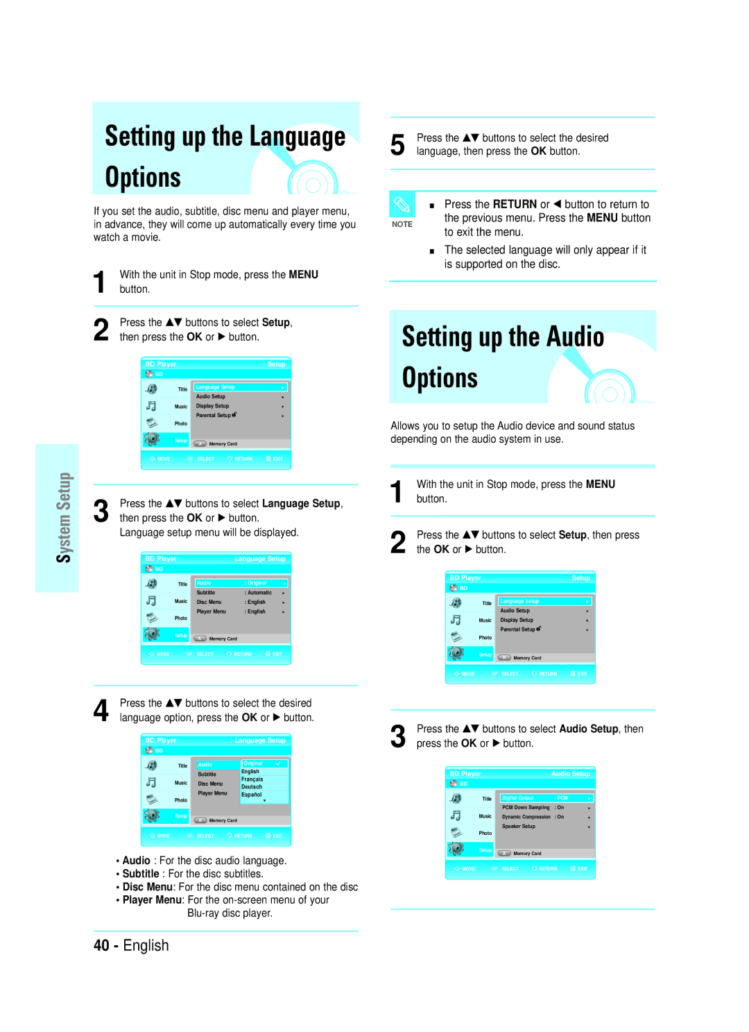 Samsung BD-P1000/XEO, BD-P1000/XEG, BD-P1000/XET, BD-P1000/XEN manual Setting up the Audio, Options, Press the OK or √ button 