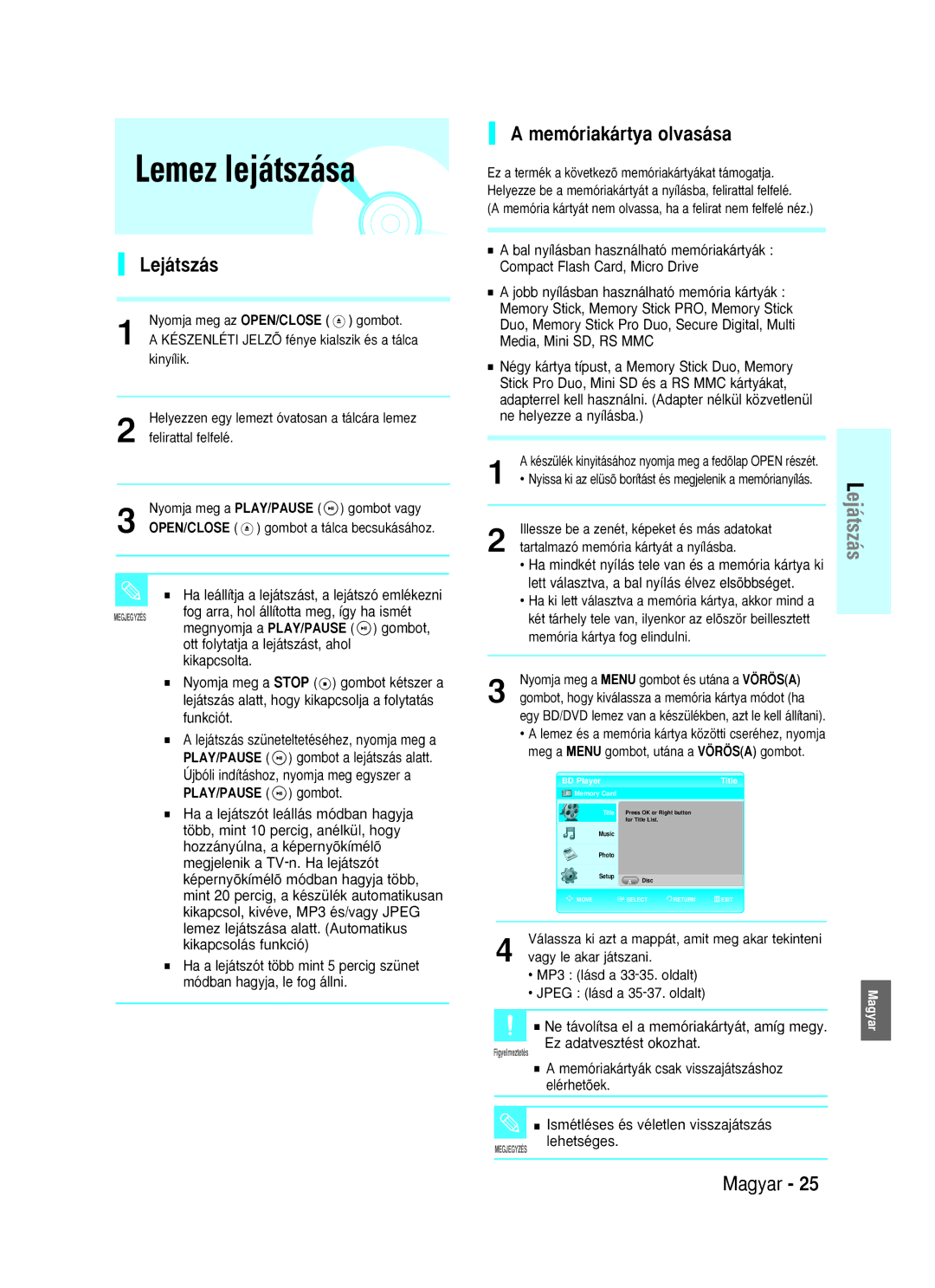 Samsung BD-P1000/XEH, BD-P1000/XEG, BD-P1000/XET, BD-P1000/XEN manual Lemez lejátszása, Memóriakártya olvasása, Lejátszás 