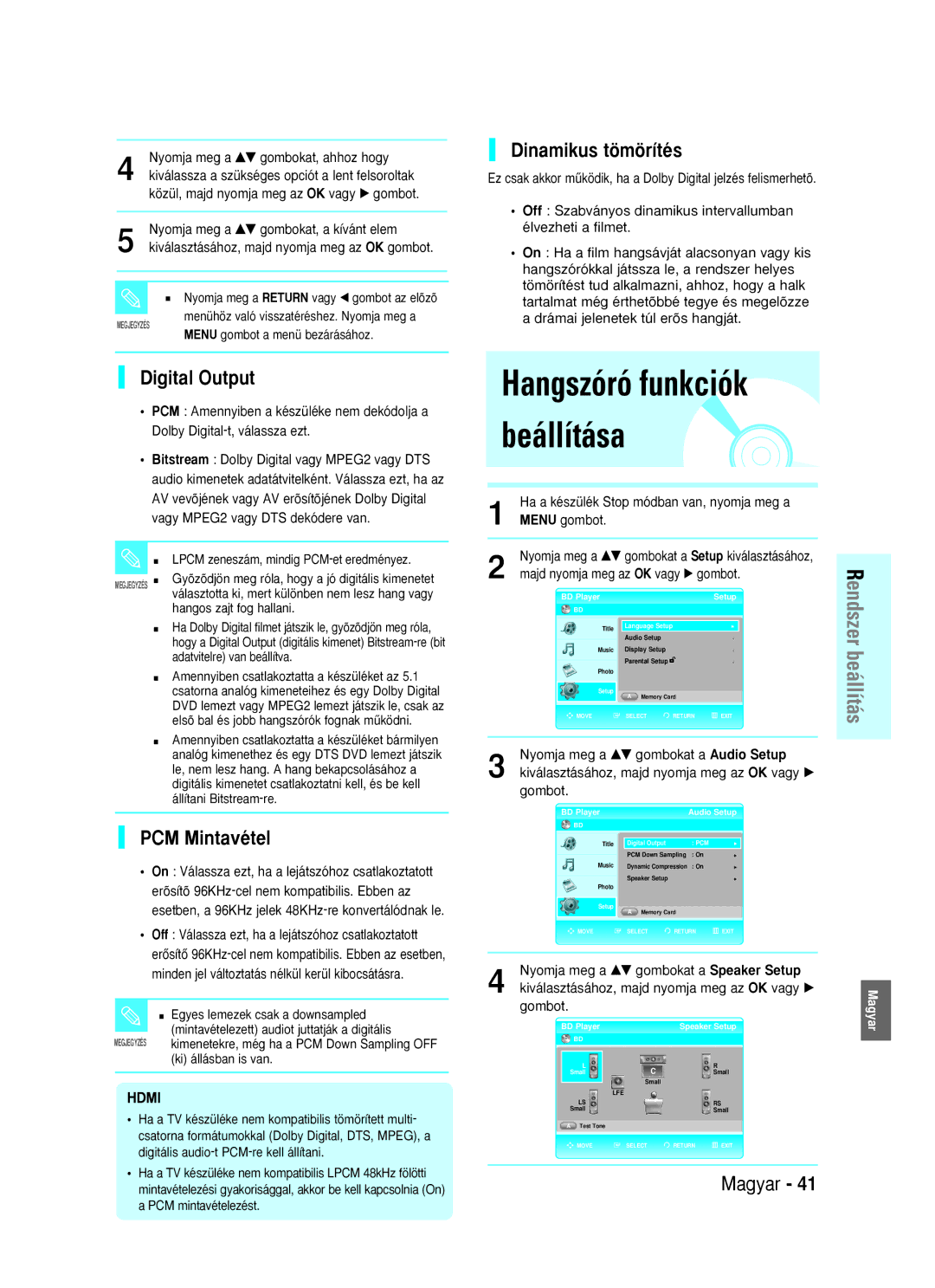 Samsung BD-P1000/XEN, BD-P1000/XEG manual Hangszóró funkciók beállítása, Dinamikus tömörítés, Digital Output, PCM Mintavétel 