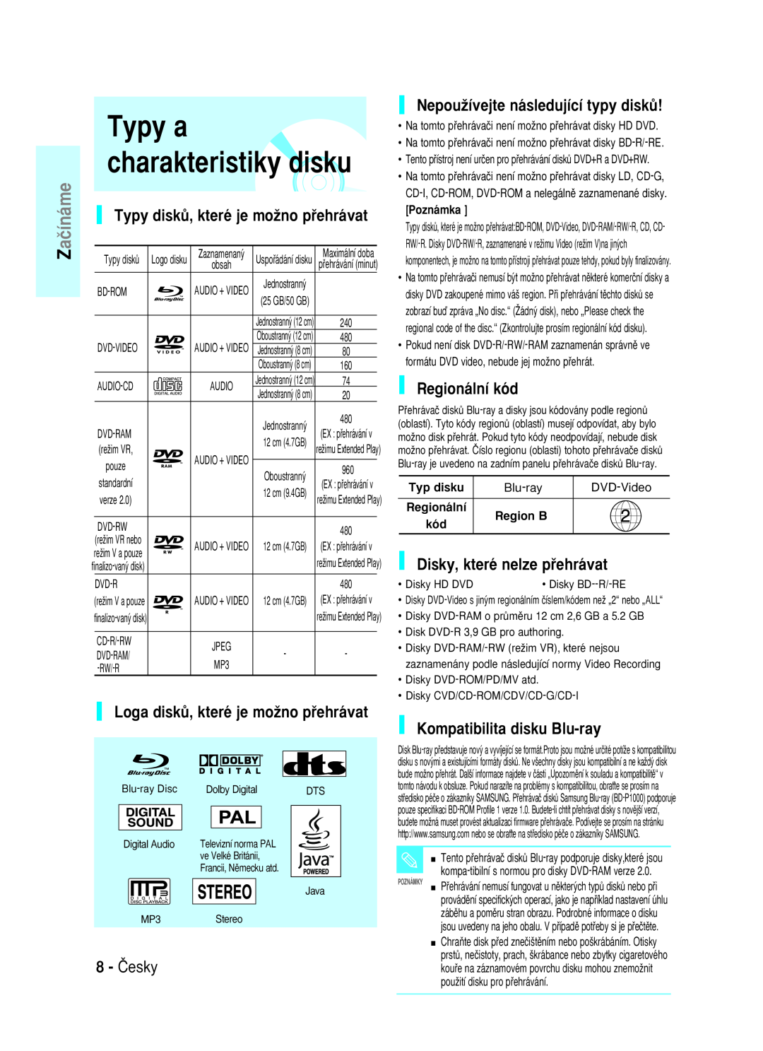 Samsung BD-P1000/XET manual Typy a charakteristiky disku, Typy diskÛ, které je moÏno pﬁehrávat, Regionální kód, 8 - âesky 