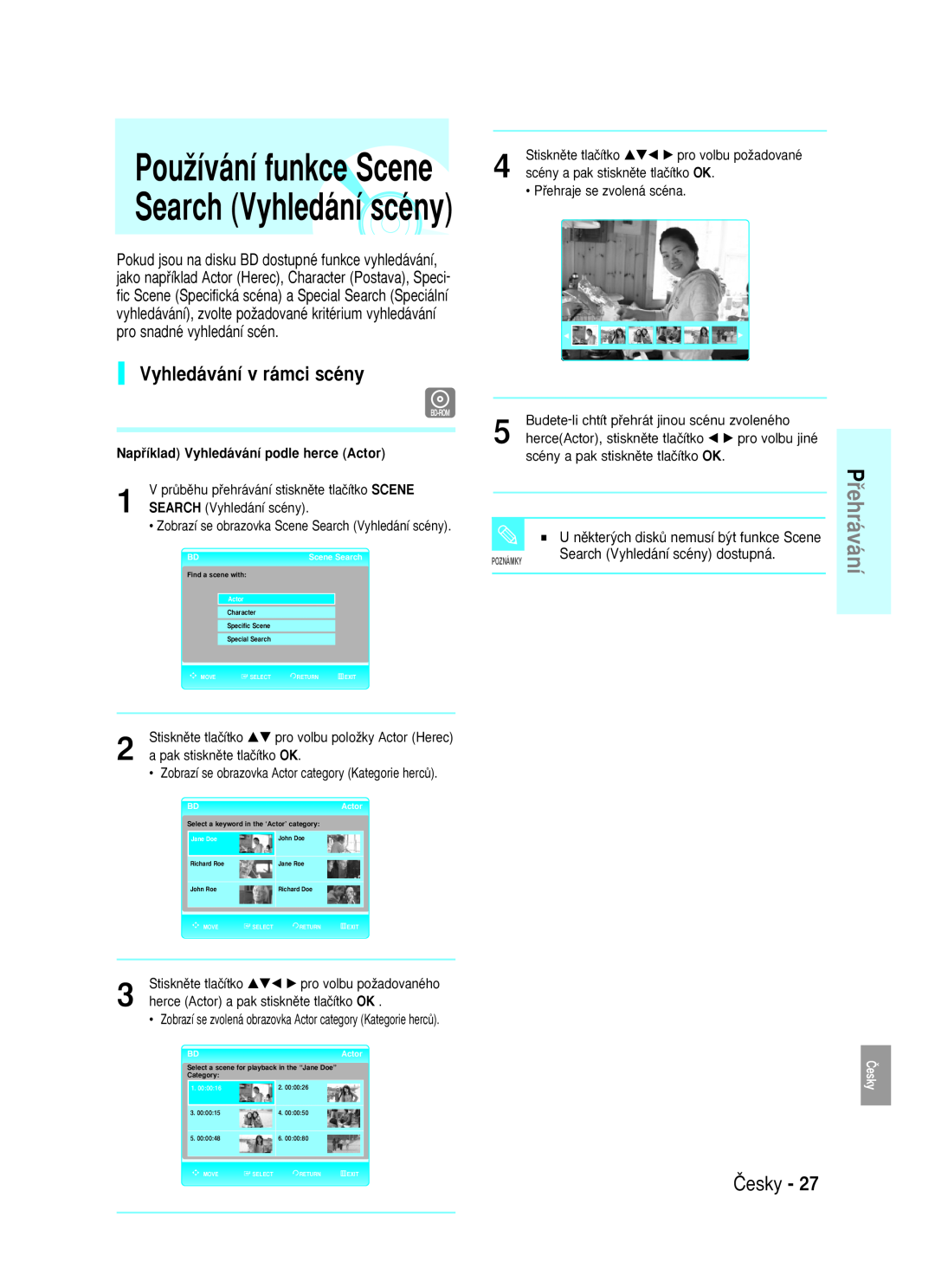 Samsung BD-P1000/XEN manual PouÏívání funkce Scene Search Vyhledání scény, Vyhledávání v rámci scény, Pﬁehrávání, âesky 