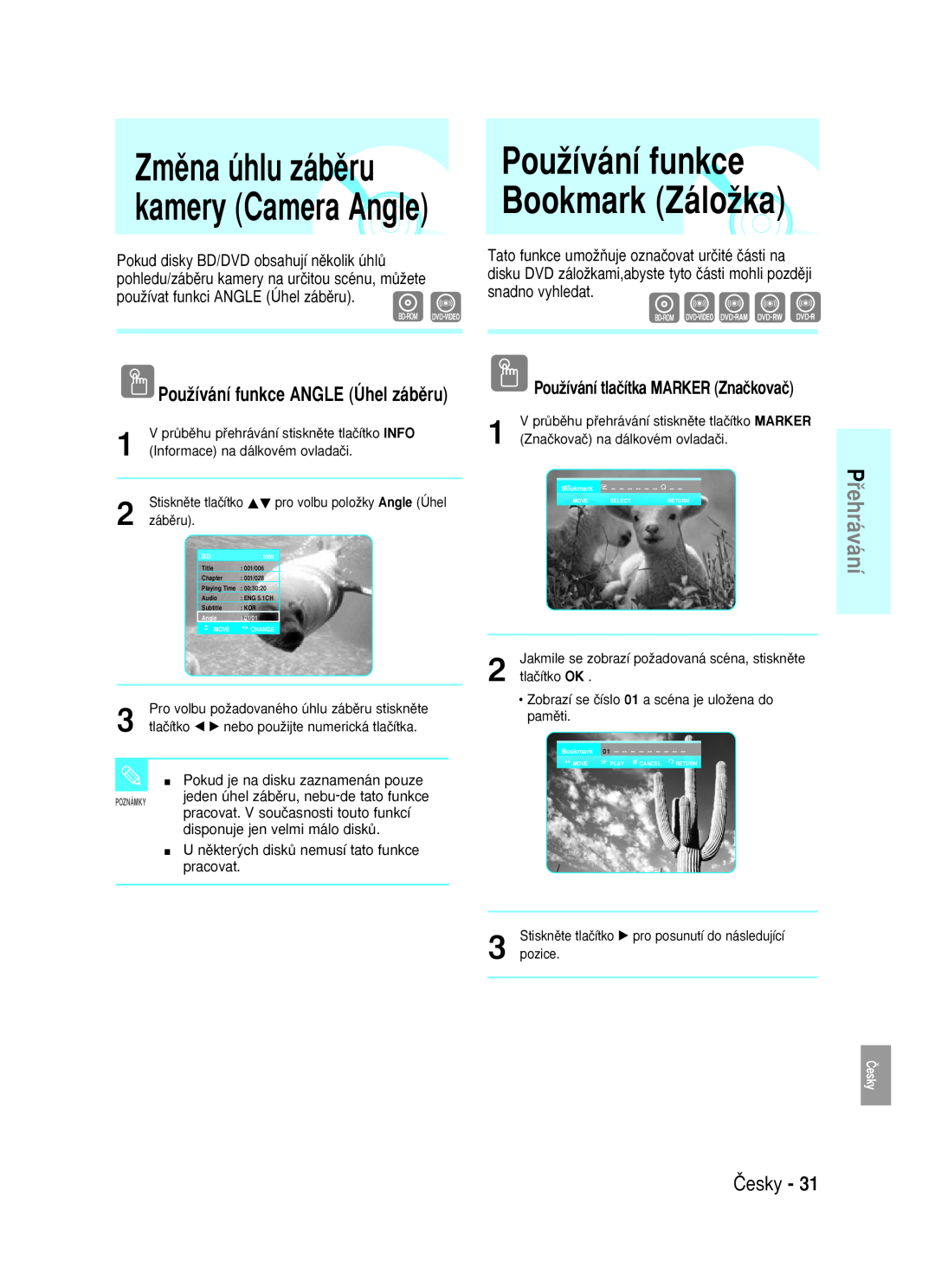Samsung BD-P1000/XEG Zmûna úhlu zábûru, PouÏívání funkce, kamery Camera Angle, Bookmark ZáloÏka, snadno vyhledat, pamûti 
