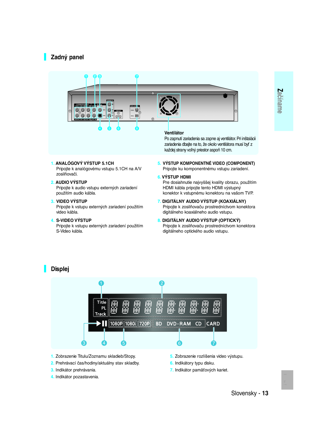 Samsung BD-P1000/XEN manual Zadný panel, Displej, ANALÓGOVÝ VÝSTUP 5.1CH, Audio Výstup, S-Video Výstup, 6. VÝSTUP HDMI 