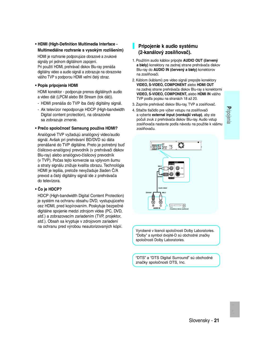 Samsung BD-P1000/XEH manual Pripojenie k audio systému, 2-kanálový zosilňovač, Popis pripojenia HDMI, sa zobrazuje zrnenie 