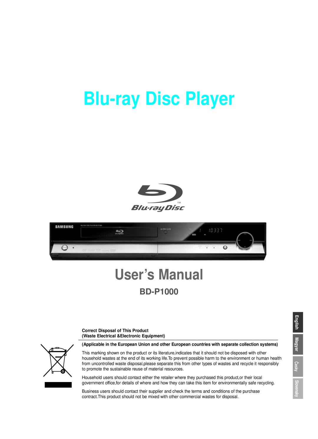 Samsung BD-P1000/XEN manual Correct Disposal of This Product, Waste Electrical &Electronic Equipment, Blu-ray Disc Player 