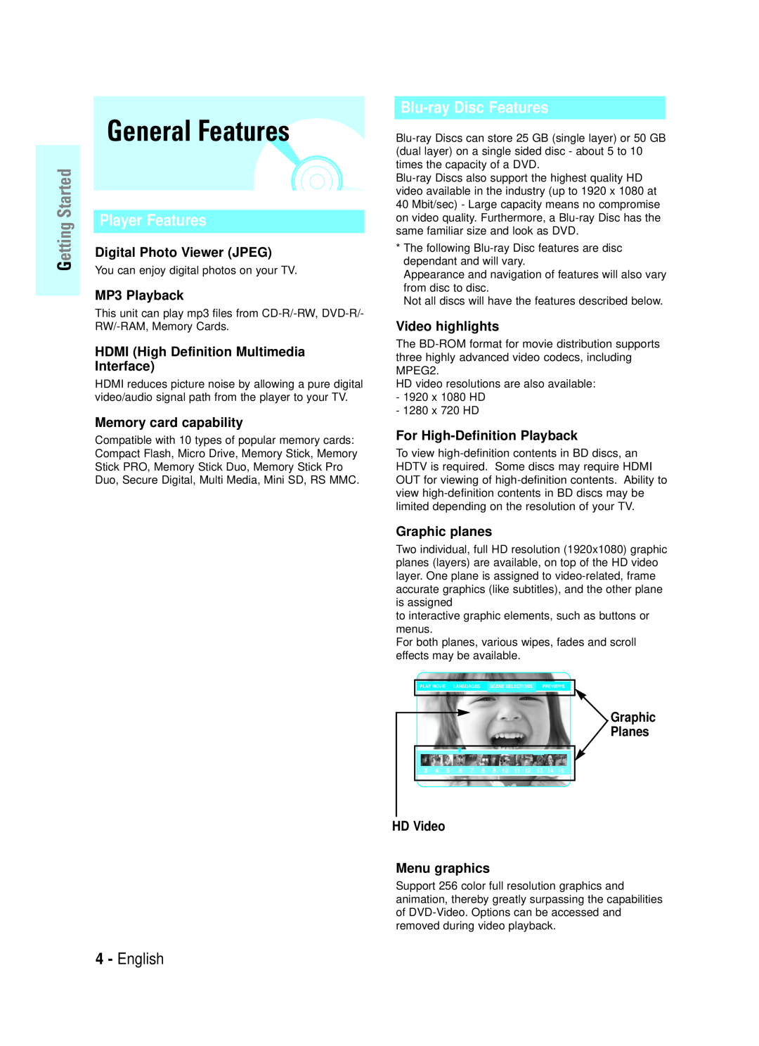 Samsung BD-P1000/XEO manual General Features, English, Digital Photo Viewer JPEG, MP3 Playback, Memory card capability 