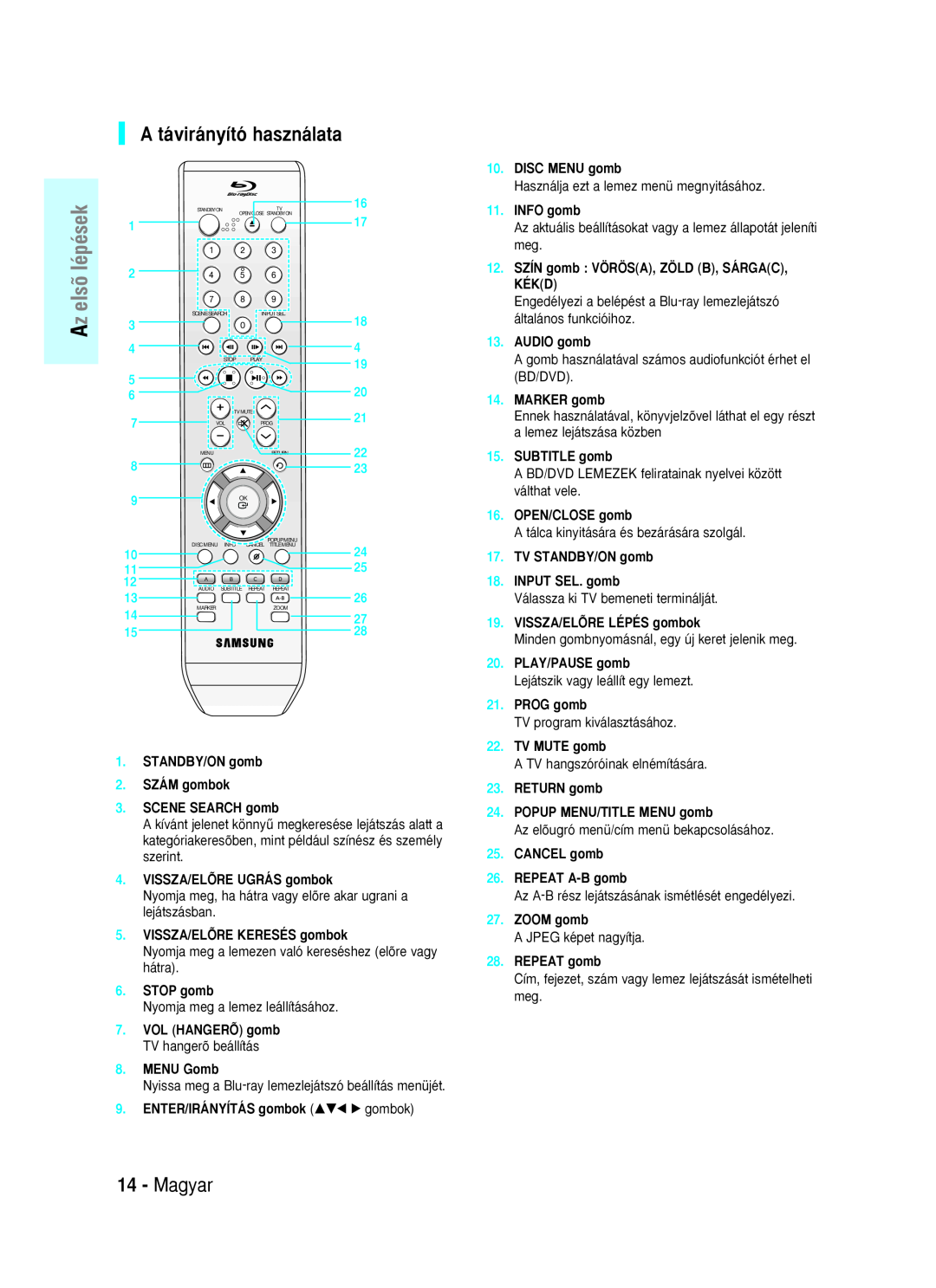 Samsung BD-P1000/XEO A távirányító használata, Magyar, DISC MENU gomb, INFO gomb, AUDIO gomb, MARKER gomb, SUBTITLE gomb 