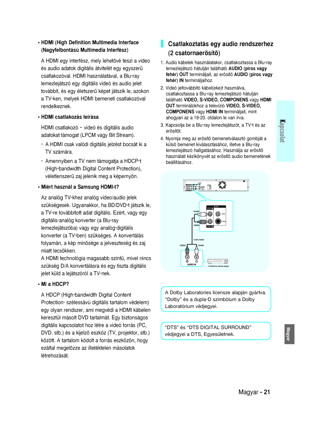 Samsung BD-P1000/XEG Csatlakoztatás egy audio rendszerhez 2 csatornaerõsítõ, HDMI csatlakozás leírása, Mi a HDCP?, Magyar 