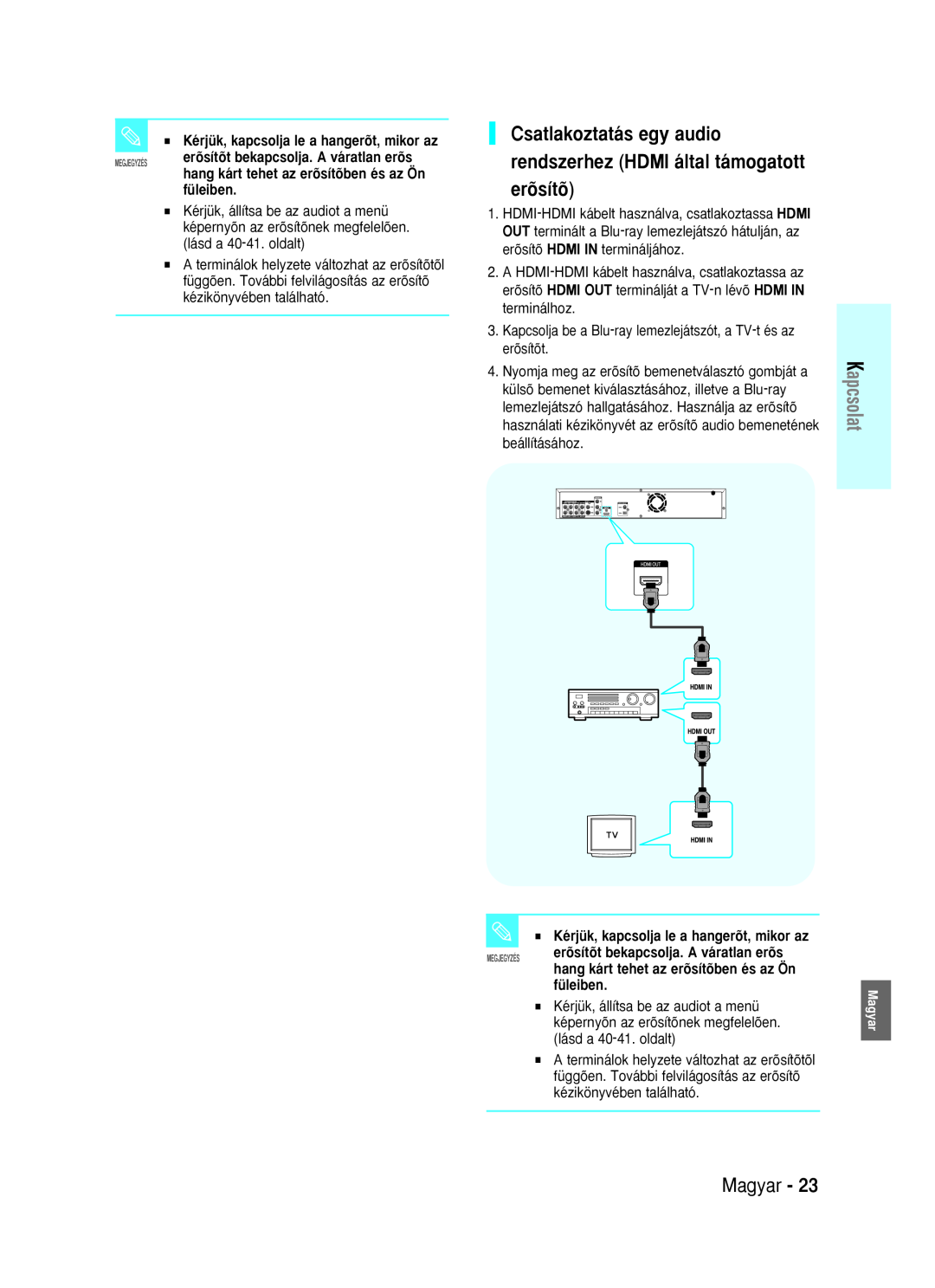 Samsung BD-P1000/XEN manual Csatlakoztatás egy audio rendszerhez HDMI által támogatott erõsítõ, füleiben, Magyar, Kapcsolat 