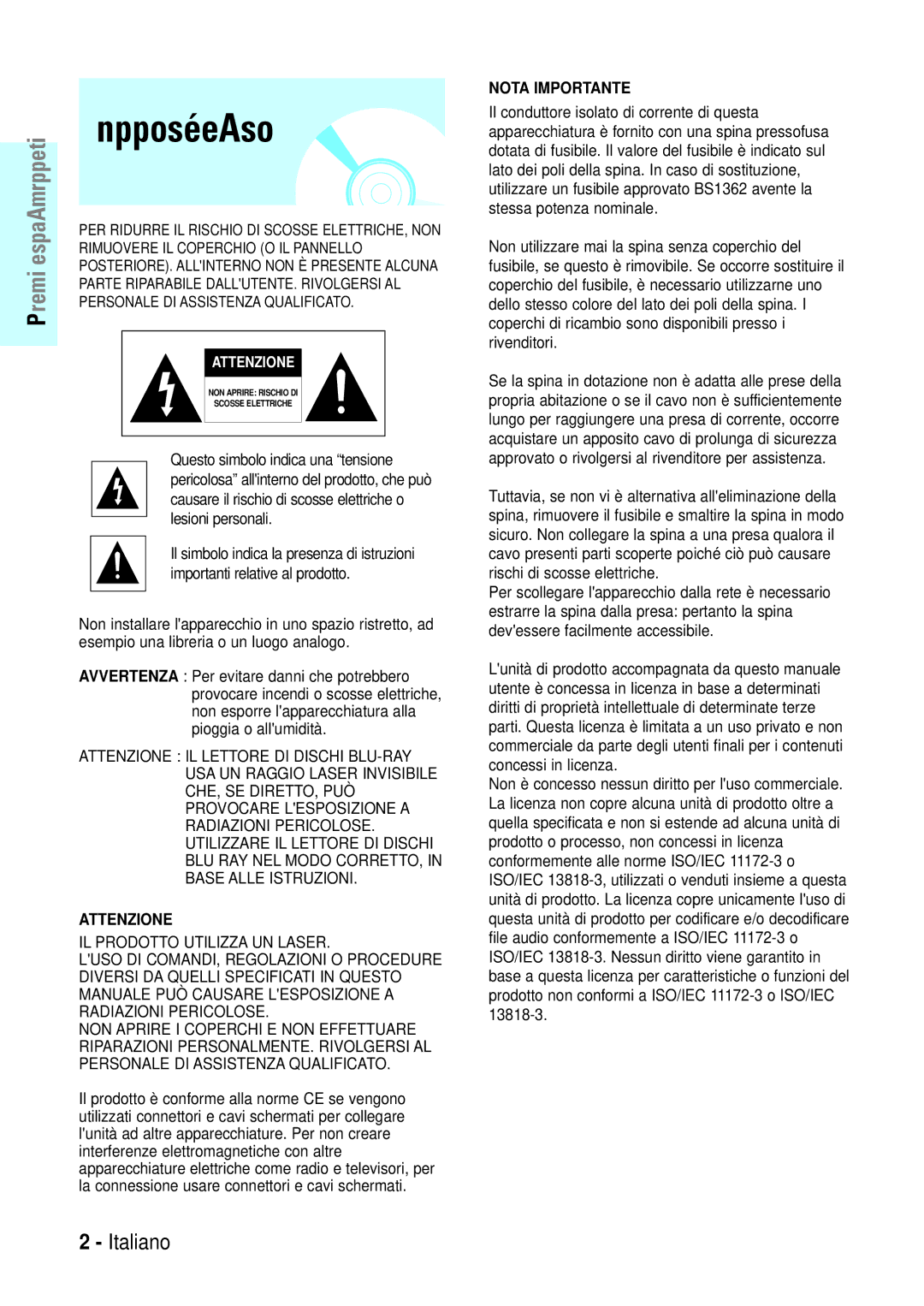 Samsung BD-P1000/XEL, BD-P1000/XEG, BD-P1000/XET, BD-P1000/XEN manual Attenzione 