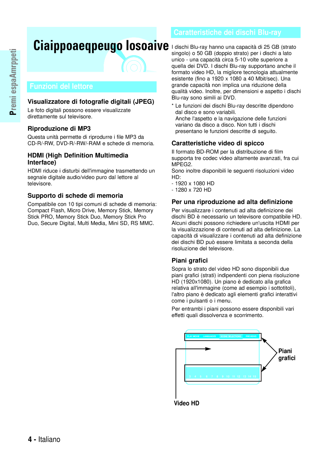 Samsung BD-P1000/XET manual Visualizzatore di fotografie digitali Jpeg, Riproduzione di MP3, Supporto di schede di memoria 