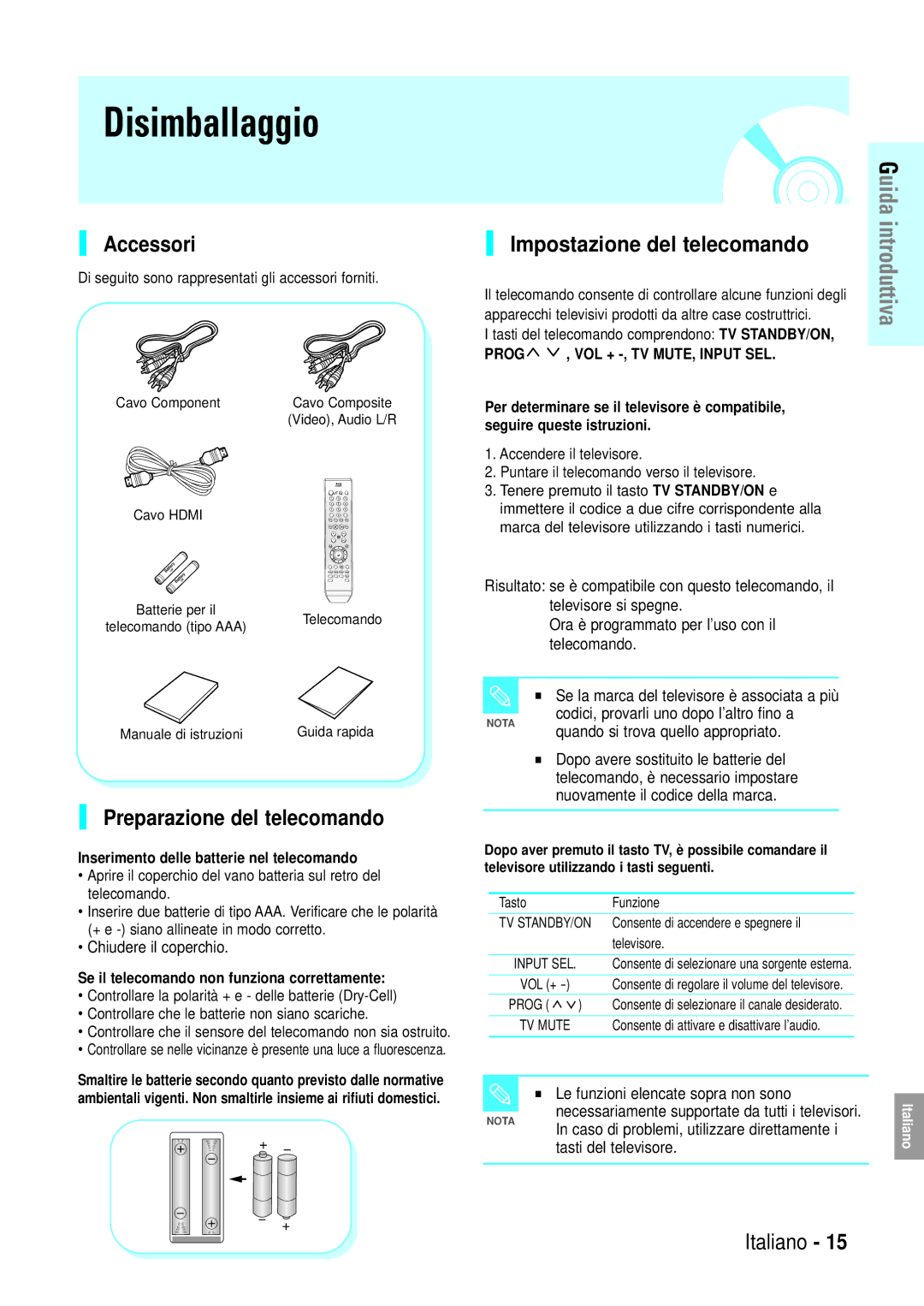 Samsung BD-P1000/XEG, BD-P1000/XET manual Disimballaggio, Accessori, Preparazione del telecomando, Chiudere il coperchio 