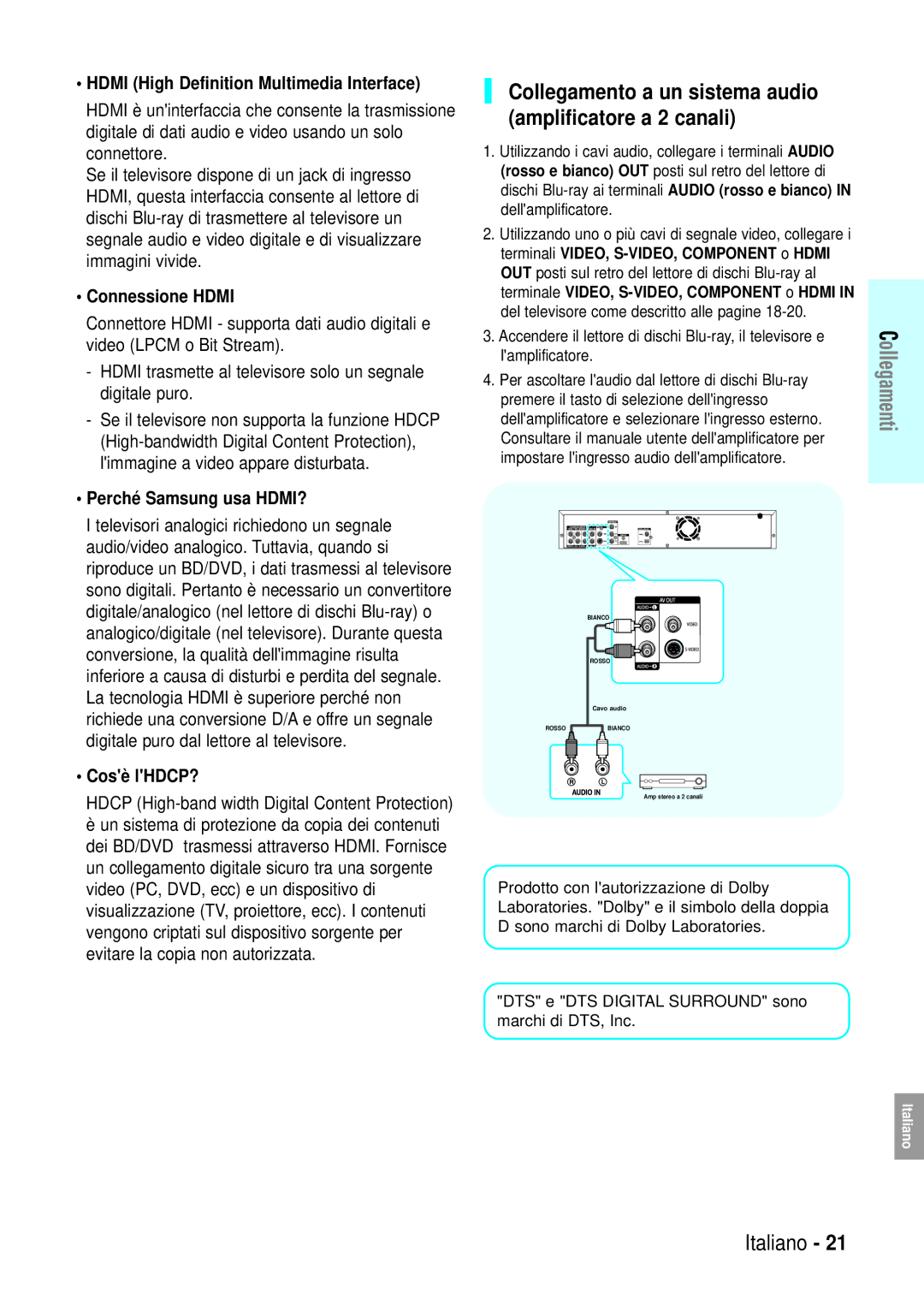 Samsung BD-P1000/XEN Collegamento a un sistema audio amplificatore a 2 canali, Connessione Hdmi, Perché Samsung usa HDMI? 