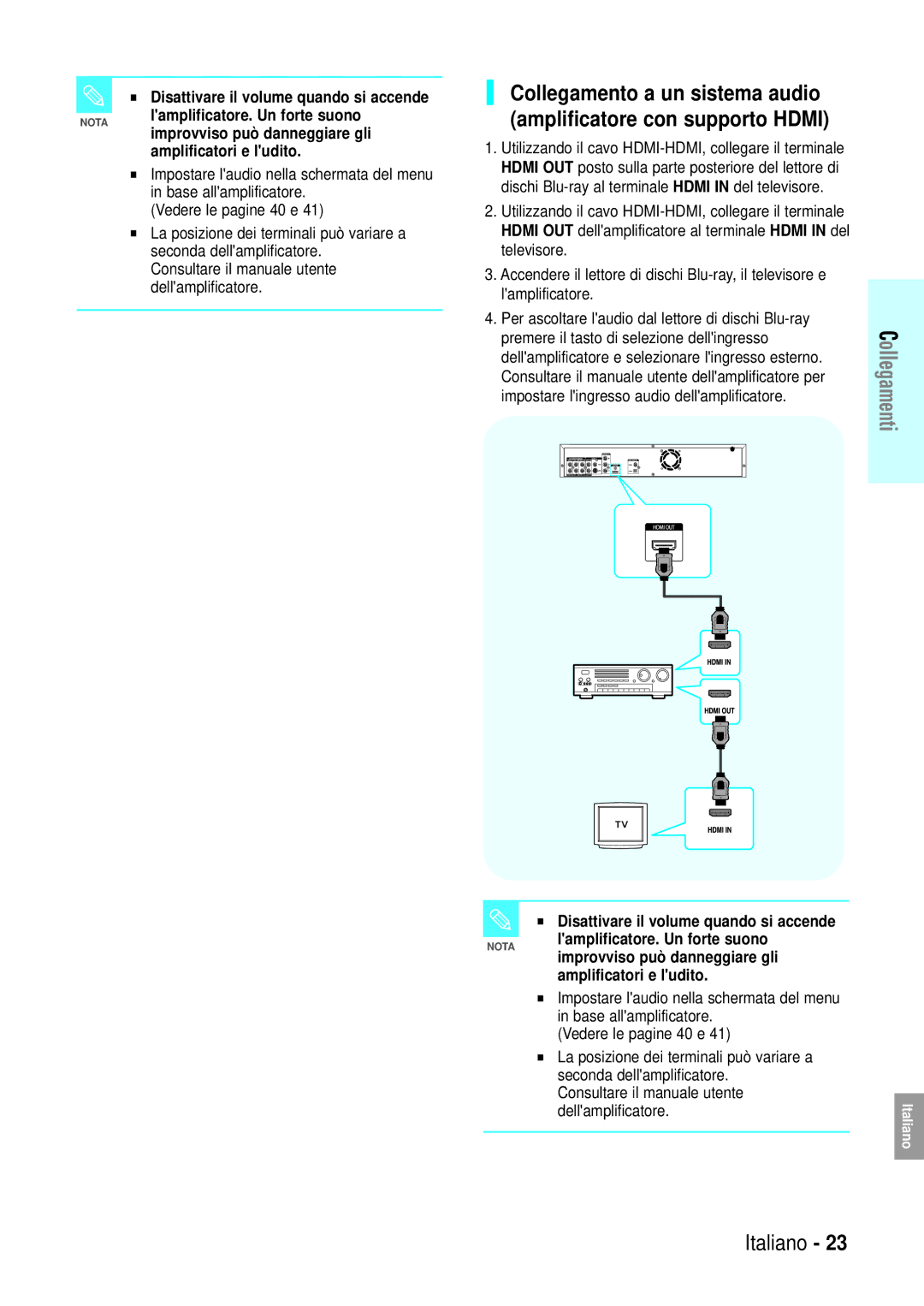 Samsung BD-P1000/XEG, BD-P1000/XET, BD-P1000/XEN manual Disattivare il volume quando si accende, Amplificatori e ludito 