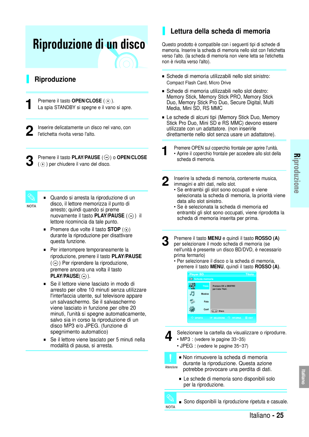 Samsung BD-P1000/XEN, BD-P1000/XEG, BD-P1000/XET, BD-P1000/XEL manual Lettura della scheda di memoria, Riproduzione 