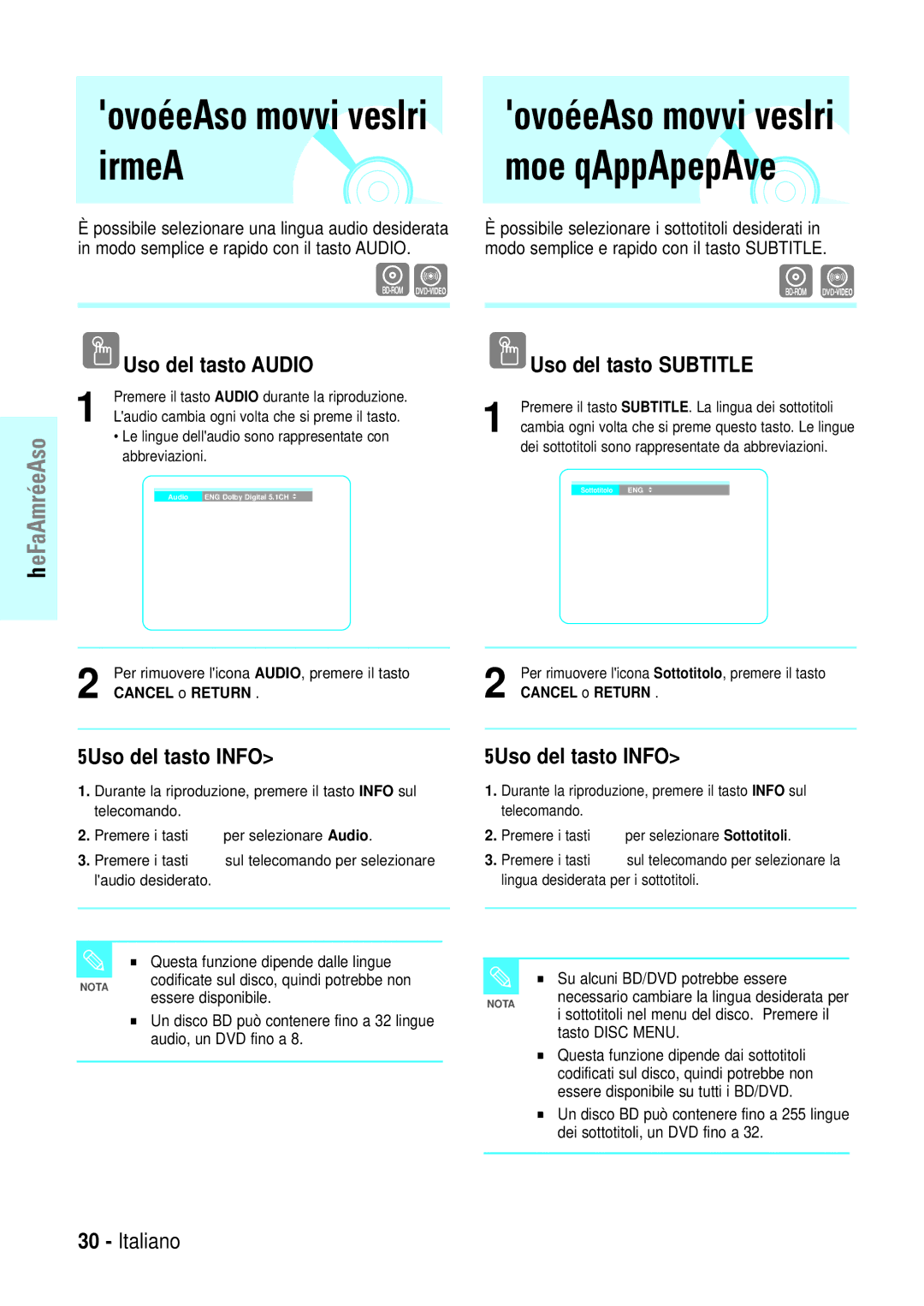 Samsung BD-P1000/XEL manual Selezione della lingua audio, Selezione della lingua dei sottotitoli, Uso del tasto Audio 