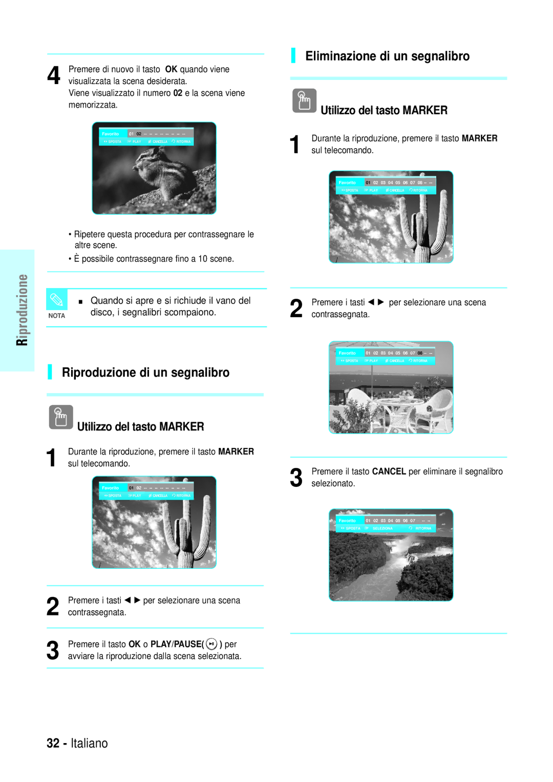 Samsung BD-P1000/XET manual Riproduzione di un segnalibro, Eliminazione di un segnalibro, Disco, i segnalibri scompaiono 