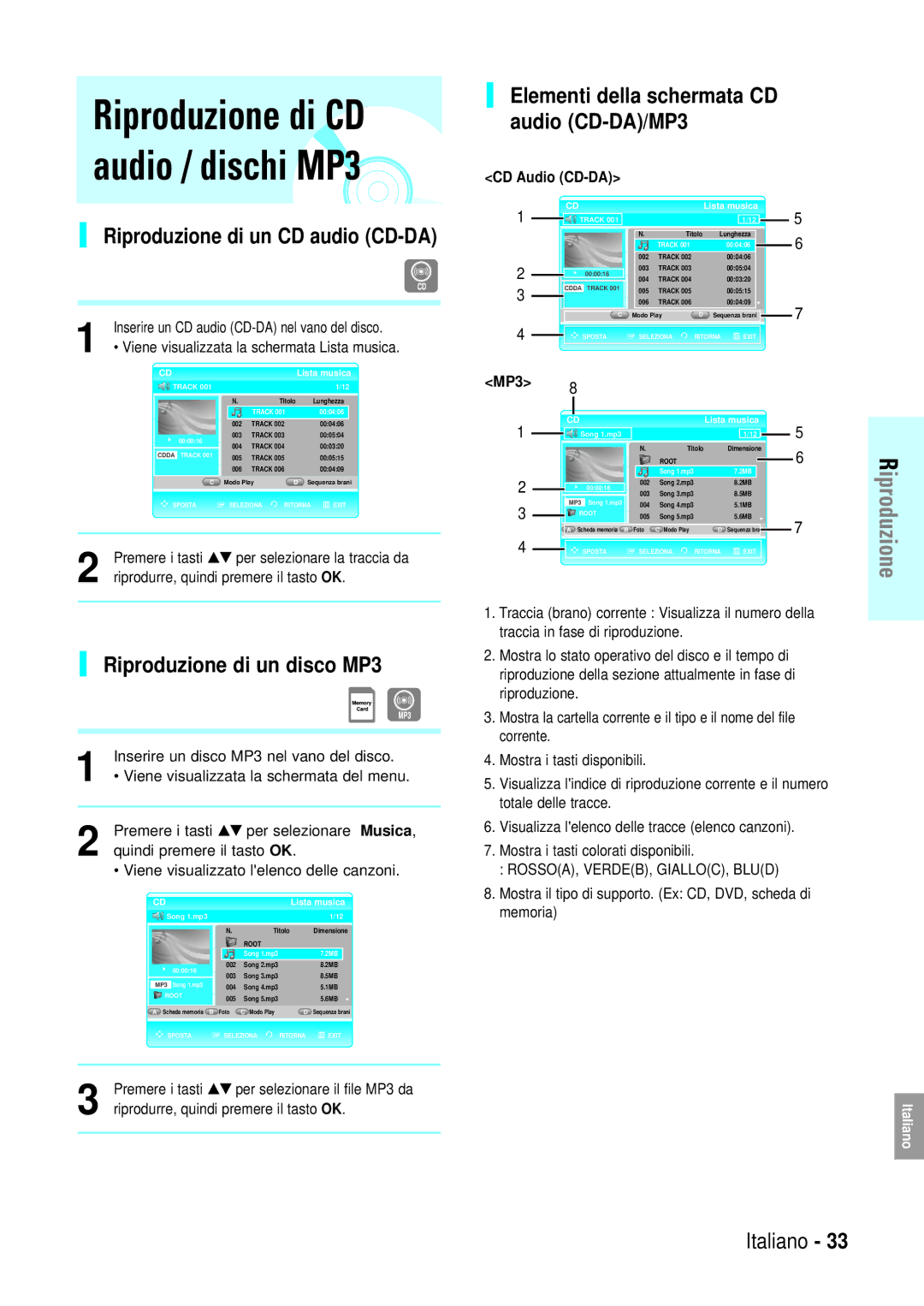 Samsung BD-P1000/XEN, BD-P1000/XEG, BD-P1000/XET manual Riproduzione di CD audio / dischi MP3, Riproduzione di un disco MP3 