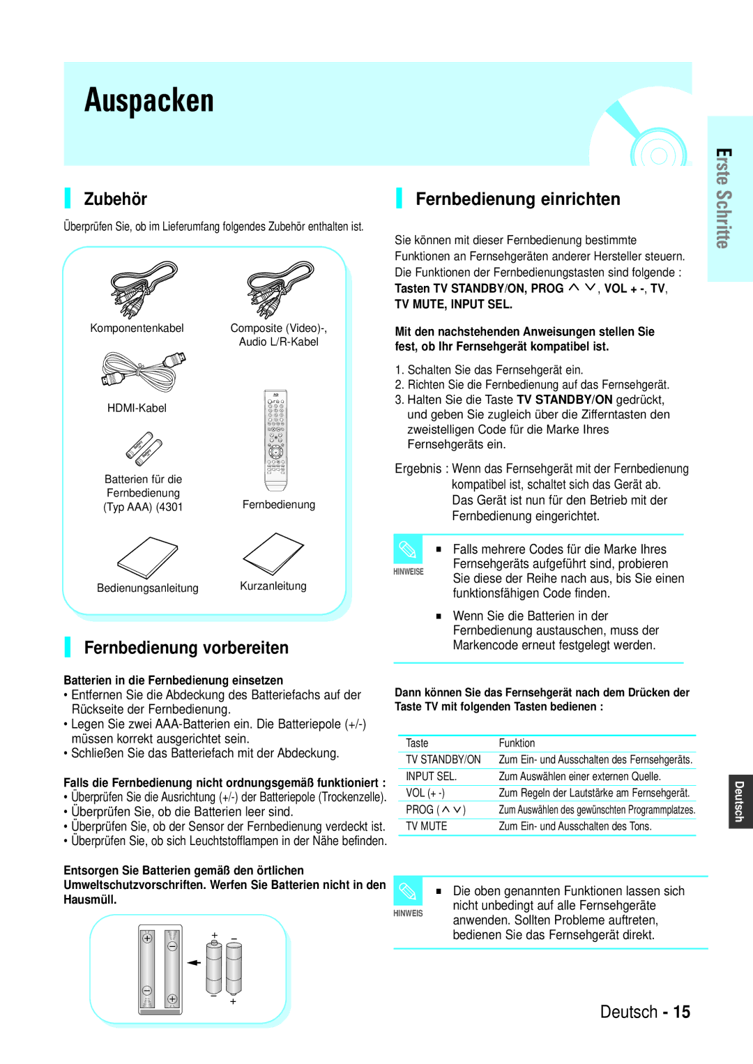 Samsung BD-P1000/XEG, BD-P1000/XET, BD-P1000/XEN Auspacken, Zubehör, Fernbedienung vorbereiten, Fernbedienung einrichten 