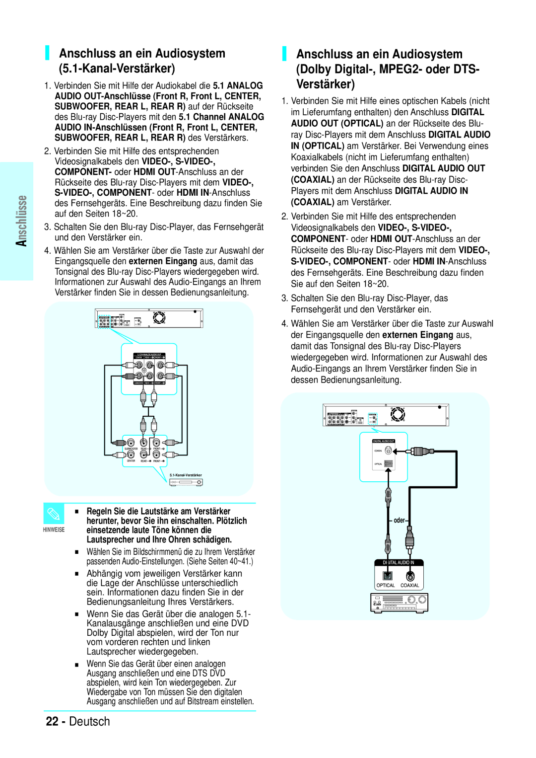 Samsung BD-P1000/XEL, BD-P1000/XEG, BD-P1000/XET, BD-P1000/XEN manual Anschluss an ein Audiosystem 5.1-Kanal-Verstärker 