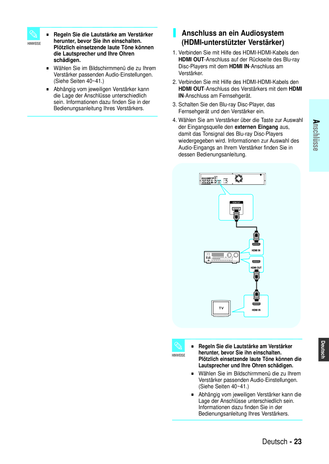 Samsung BD-P1000/XEG Anschluss an ein Audiosystem HDMI-unterstützter Verstärker, Regeln Sie die Lautstärke am Verstärker 