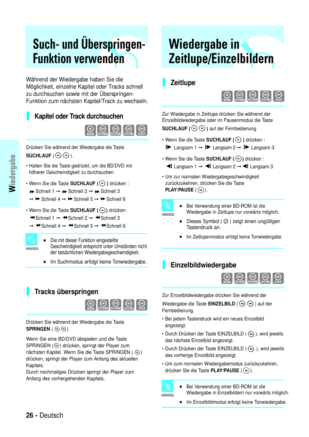 Samsung BD-P1000/XEL manual Wiedergabe in Zeitlupe/Einzelbildern, Kapitel oder Track durchsuchen, Tracks überspringen 