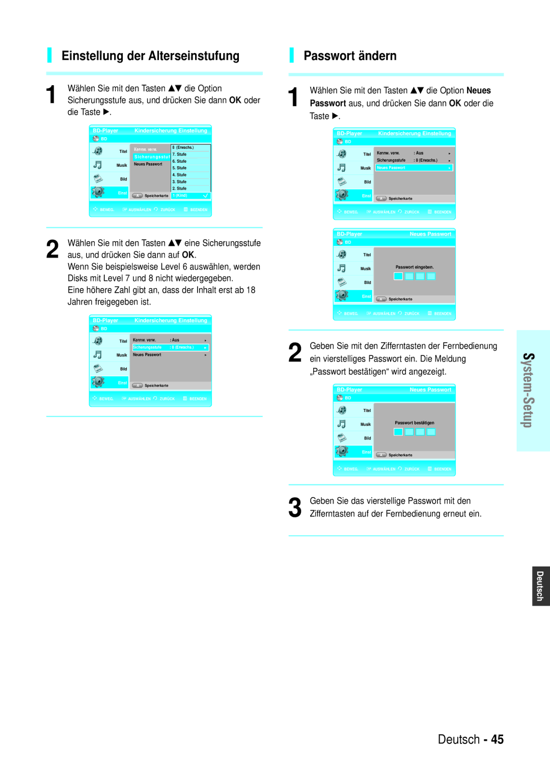 Samsung BD-P1000/XEN, BD-P1000/XEG, BD-P1000/XET, BD-P1000/XEL manual Einstellung der Alterseinstufung, Passwort ändern 