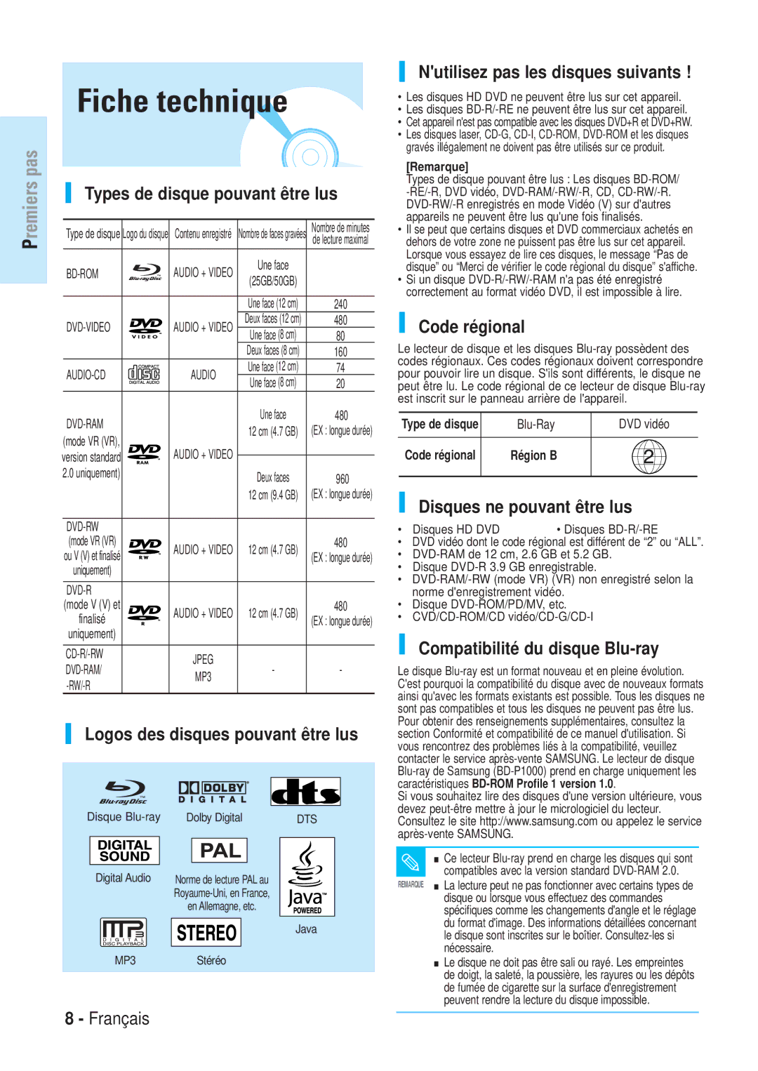 Samsung BD-P1000/XEL, BD-P1000/XEG, BD-P1000/XET, BD-P1000/XEN manual Fiche technique 