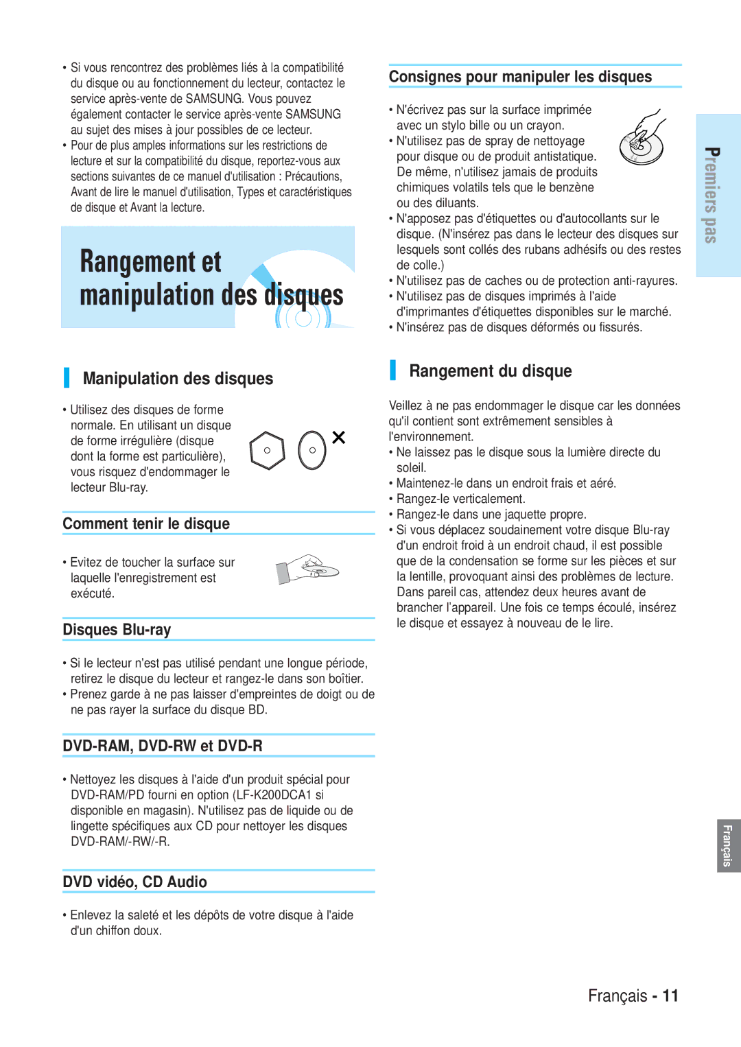 Samsung BD-P1000/XEN, BD-P1000/XEG, BD-P1000/XET, BD-P1000/XEL manual Manipulation des disques, Rangement du disque 