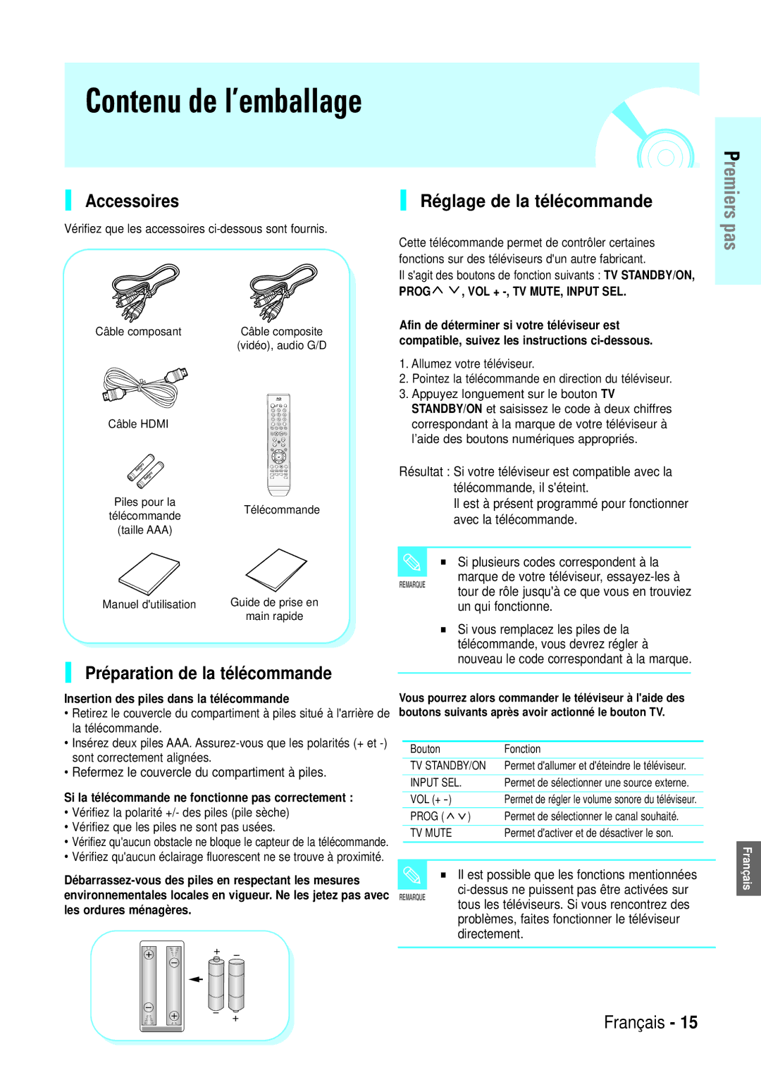 Samsung BD-P1000/XEN, BD-P1000/XEG, BD-P1000/XET Accessoires, Préparation de la télécommande, Réglage de la télécommande 