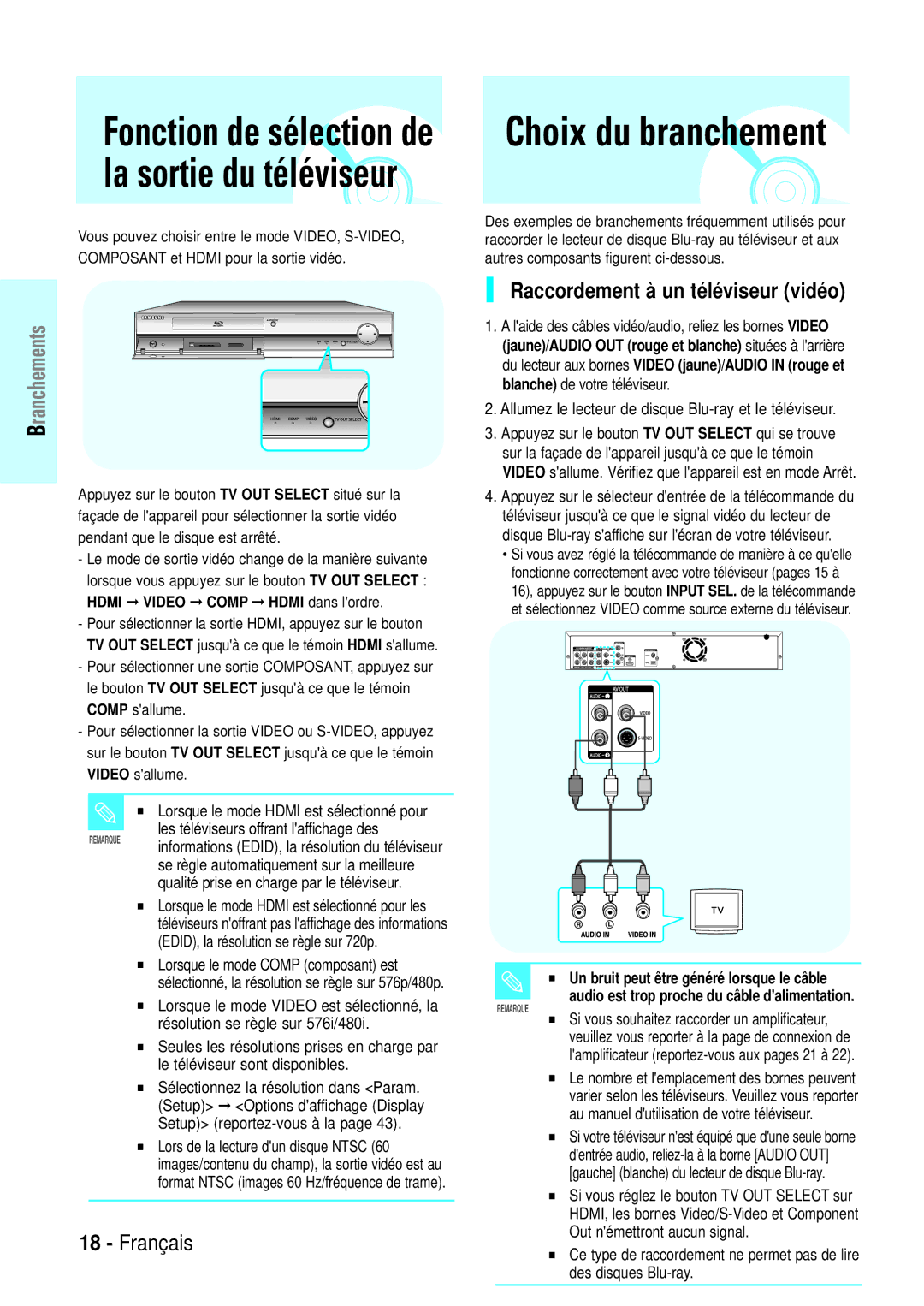 Samsung BD-P1000/XET, BD-P1000/XEG, BD-P1000/XEN, BD-P1000/XEL Fonction de sélection de, Raccordement à un téléviseur vidéo 