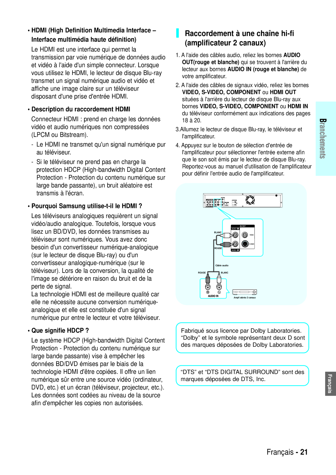 Samsung BD-P1000/XEG manual Raccordement à une chaîne hi-fi amplificateur 2 canaux, Description du raccordement Hdmi 