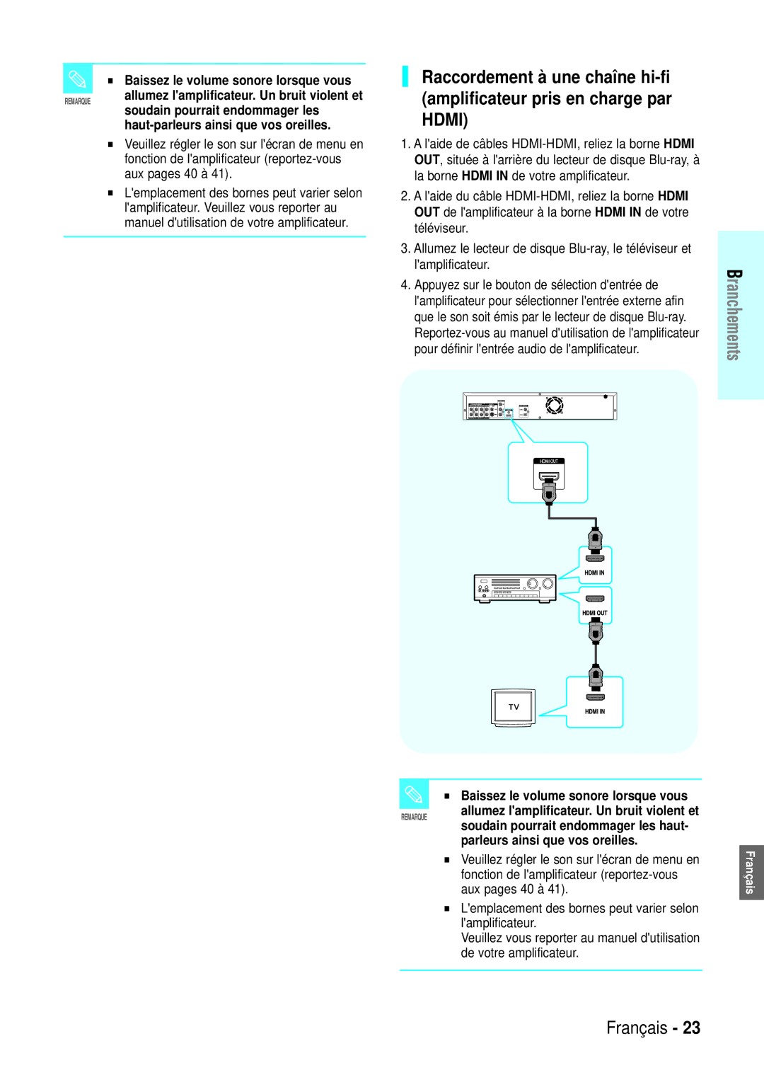 Samsung BD-P1000/XEN, BD-P1000/XEG, BD-P1000/XET Baissez le volume sonore lorsque vous, Soudain pourrait endommager les 