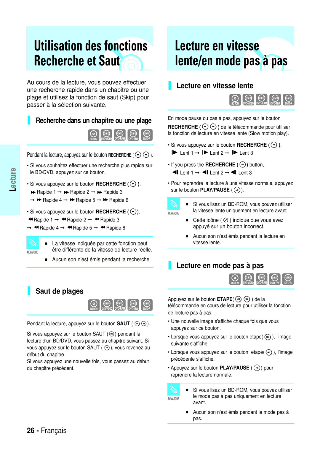 Samsung BD-P1000/XET, BD-P1000/XEG Utilisation des fonctions Recherche et Saut, Lecture en vitesse lente/en mode pas à pas 