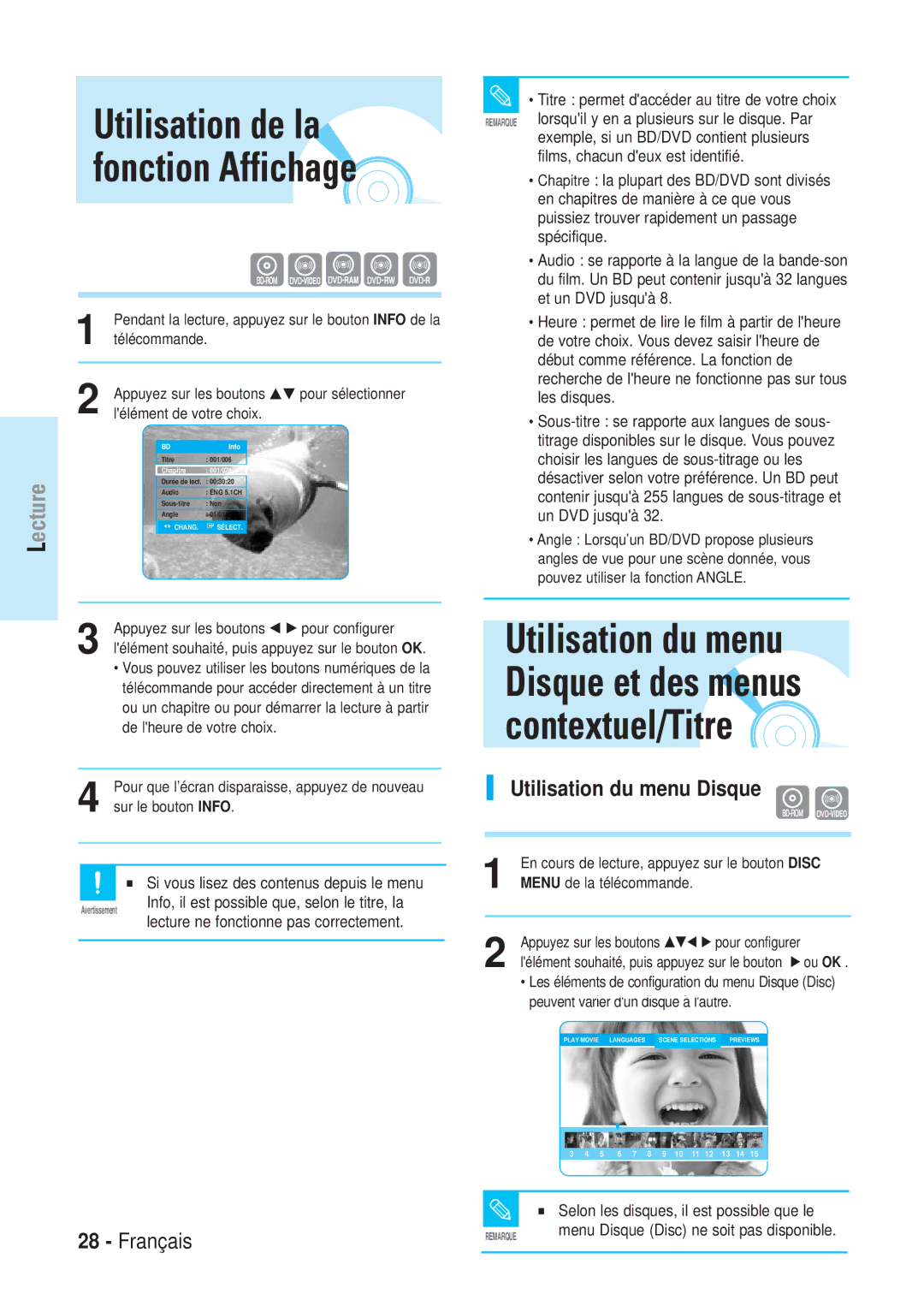 Samsung BD-P1000/XEL, BD-P1000/XEG, BD-P1000/XET manual Utilisation de la fonction Affichage, Utilisation du menu Disque 