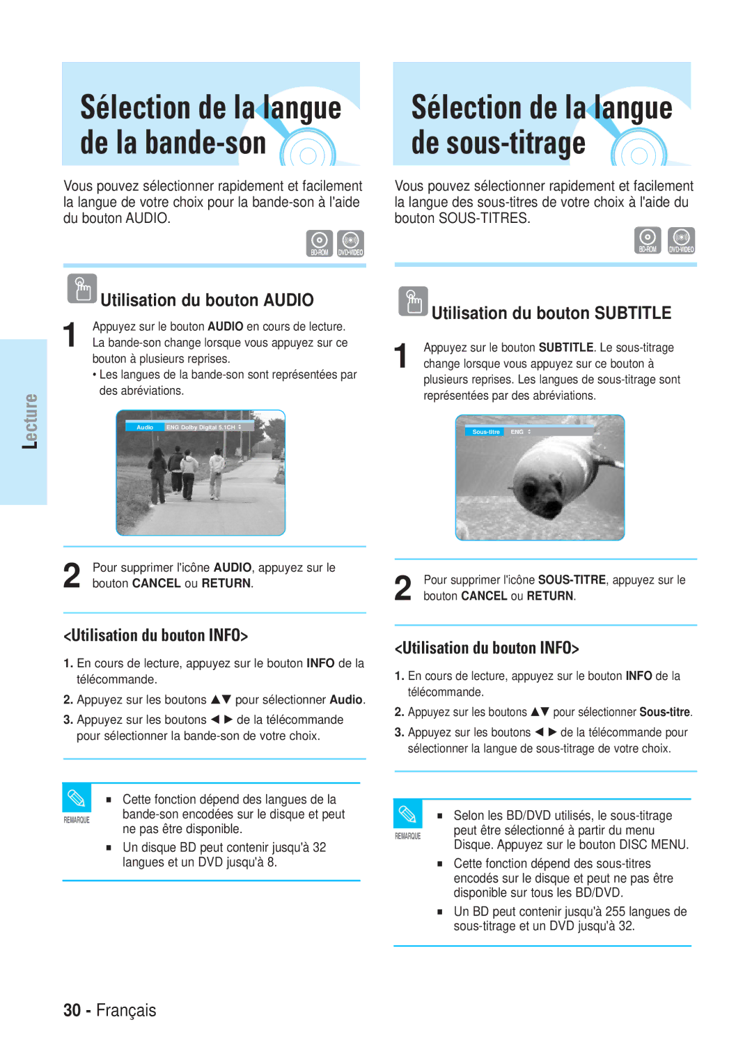 Samsung BD-P1000/XET, BD-P1000/XEG manual Sélection de la langue de la bande-son, Sélection de la langue de sous-titrage 