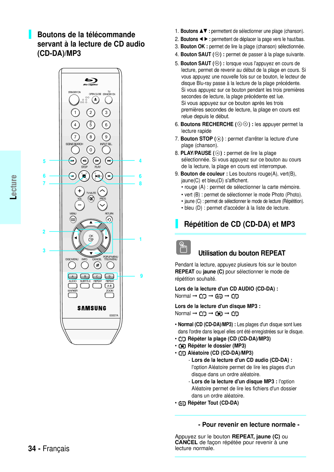 Samsung BD-P1000/XET manual Répétition de CD CD-DA et MP3, Utilisation du bouton Repeat, Pour revenir en lecture normale 