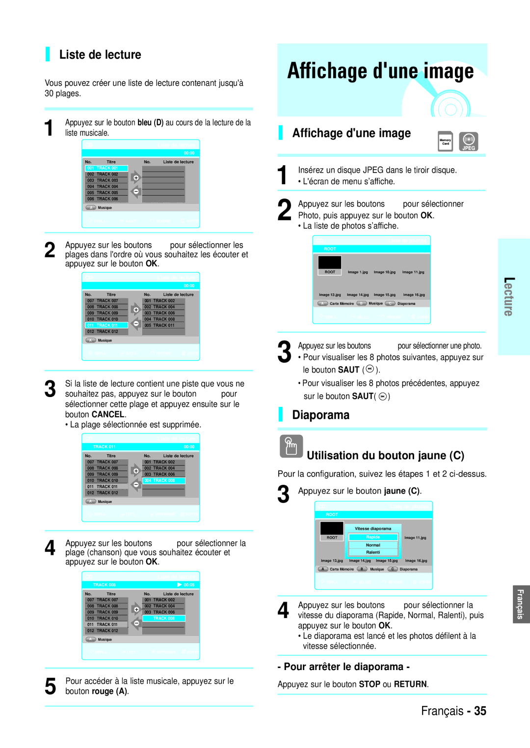 Samsung BD-P1000/XEN, BD-P1000/XEG manual Liste de lecture, Affichage dune image, Diaporama, Utilisation du bouton jaune C 