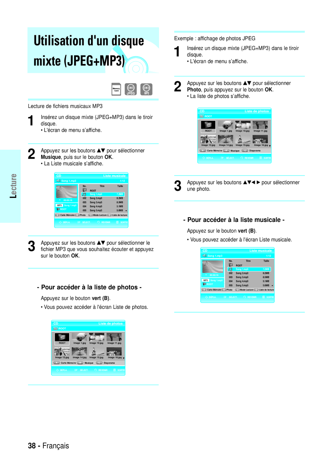 Samsung BD-P1000/XET, BD-P1000/XEG, BD-P1000/XEN Utilisation dun disque mixte JPEG+MP3, Pour accéder à la liste de photos 