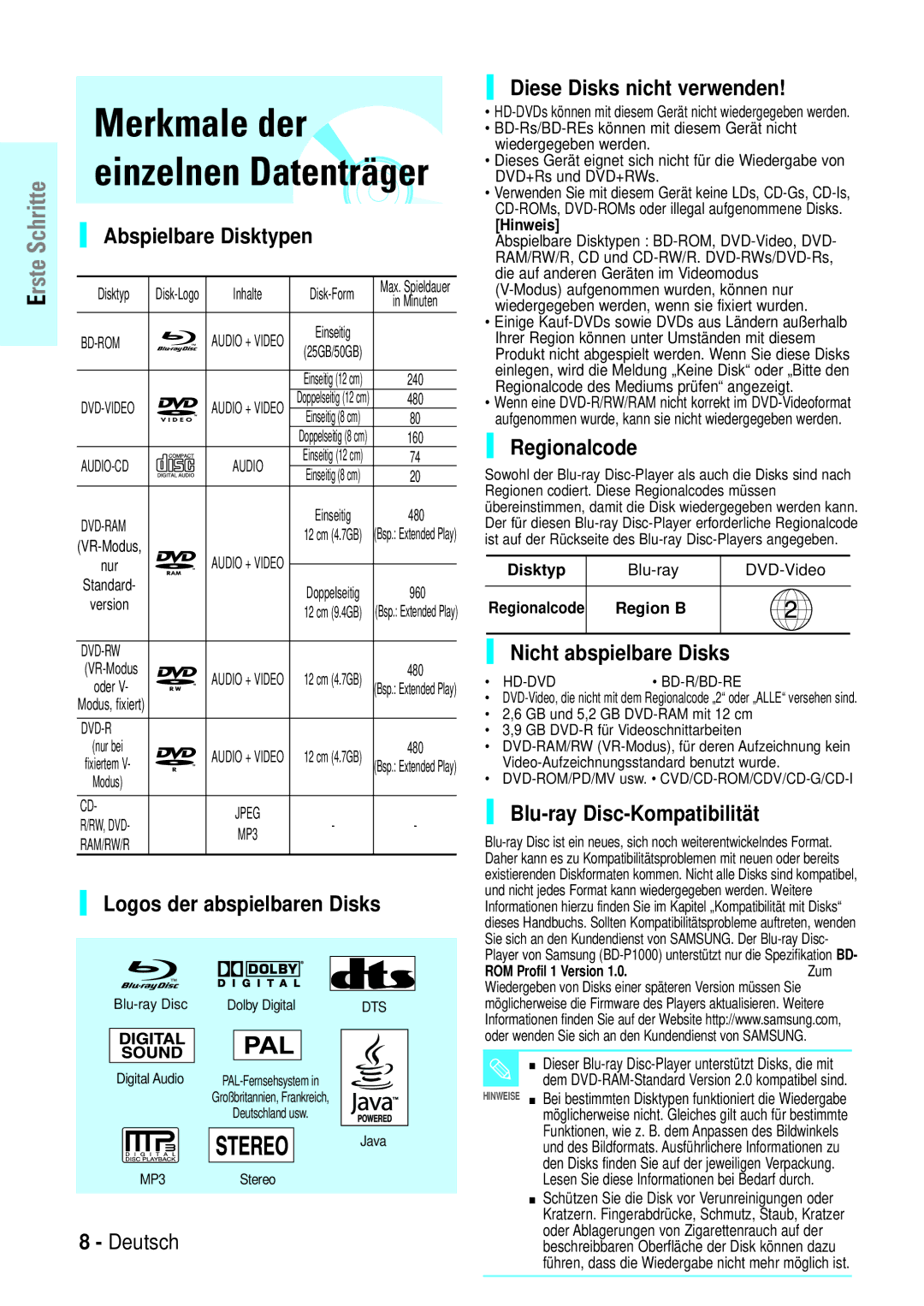 Samsung BD-P1000/XET manual Abspielbare Disktypen, Logos der abspielbaren Disks, Diese Disks nicht verwenden, Regionalcode 