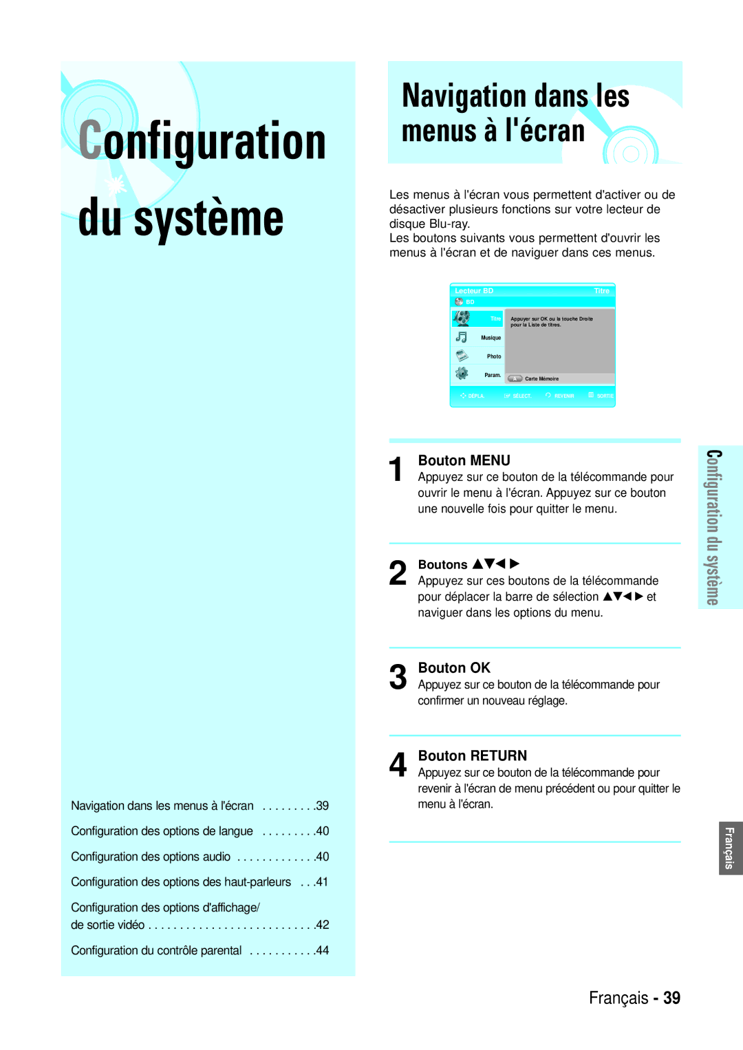 Samsung BD-P1000/XEN, BD-P1000/XEG, BD-P1000/XET, BD-P1000/XEL manual Bouton Menu, Bouton OK, Bouton Return, Boutons …†œ √ 