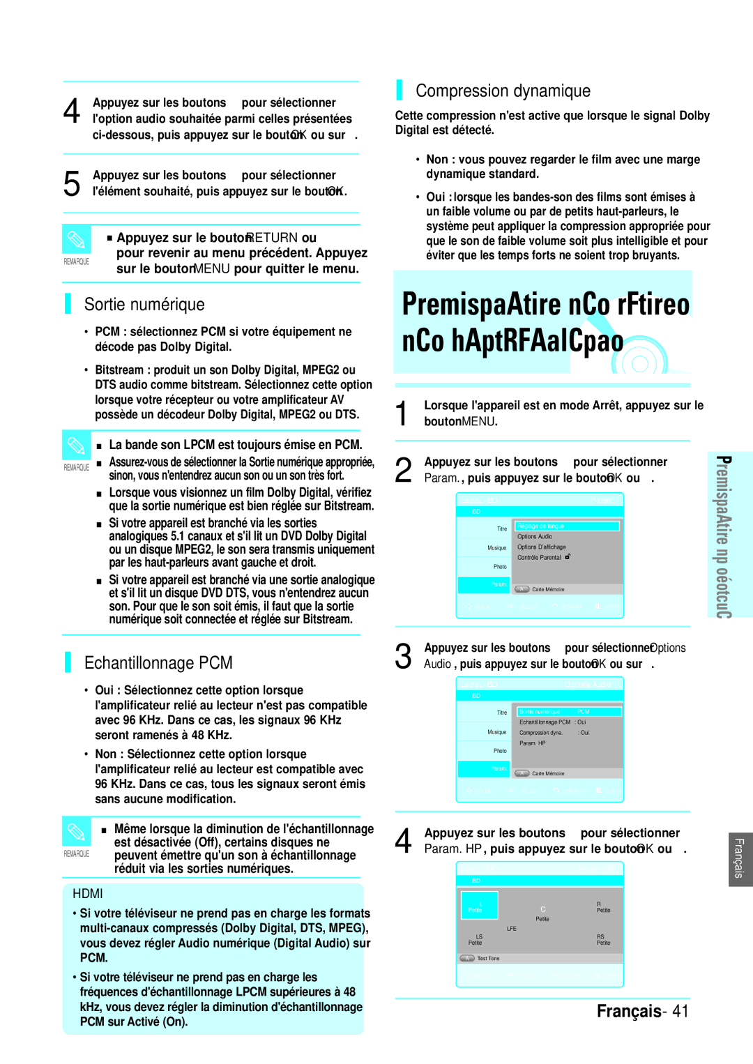 Samsung BD-P1000/XEG, BD-P1000/XET manual Configuration des options des haut-parleurs, Sortie numérique, Echantillonnage PCM 