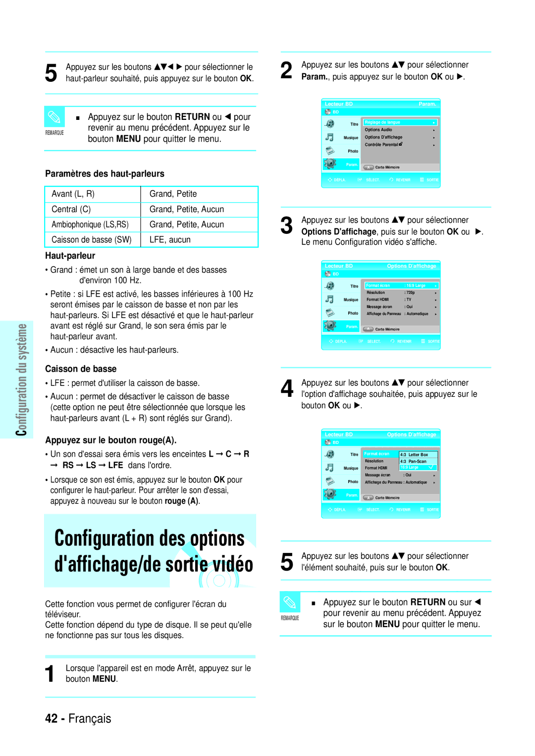 Samsung BD-P1000/XET manual Paramètres des haut-parleurs, Haut-parleur, Caisson de basse, Appuyez sur le bouton rougeA 