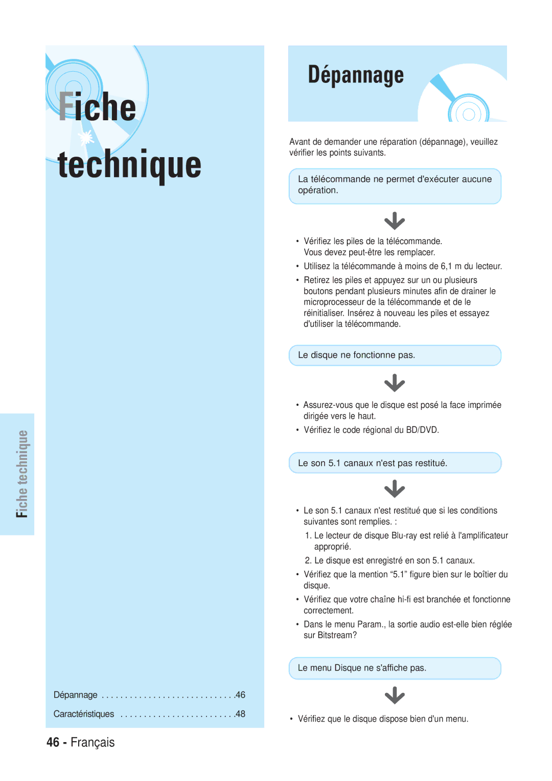 Samsung BD-P1000/XET, BD-P1000/XEG, BD-P1000/XEN, BD-P1000/XEL manual Fiche Technique, Dépannage 