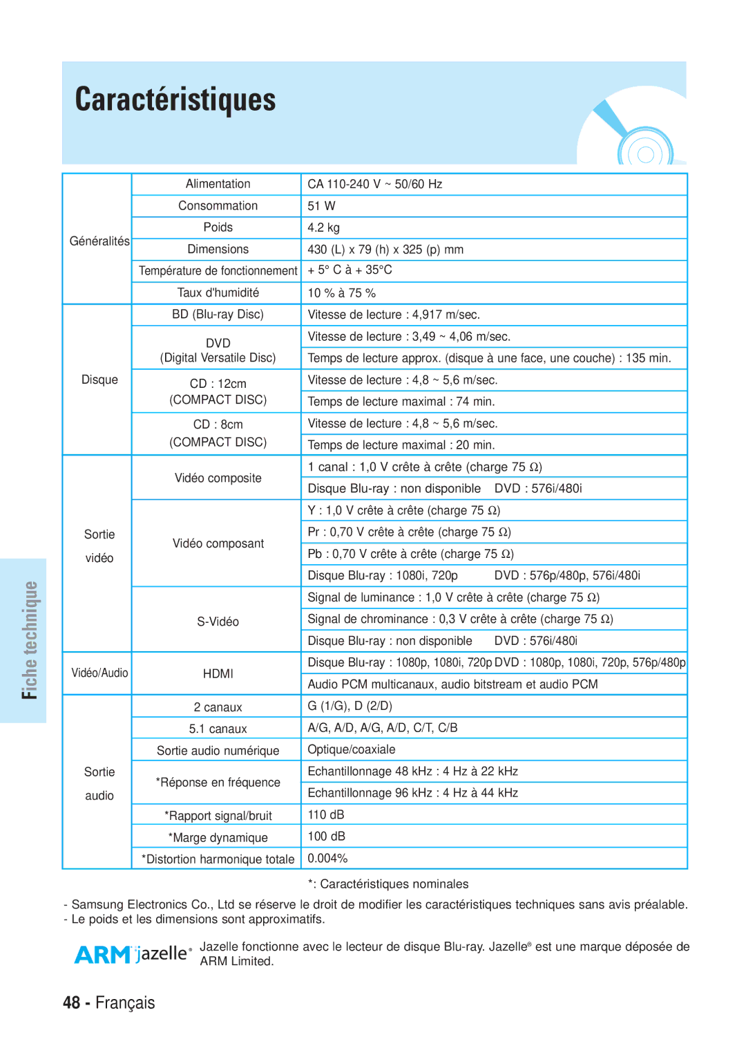 Samsung BD-P1000/XEL, BD-P1000/XEG, BD-P1000/XET, BD-P1000/XEN manual Caractéristiques 